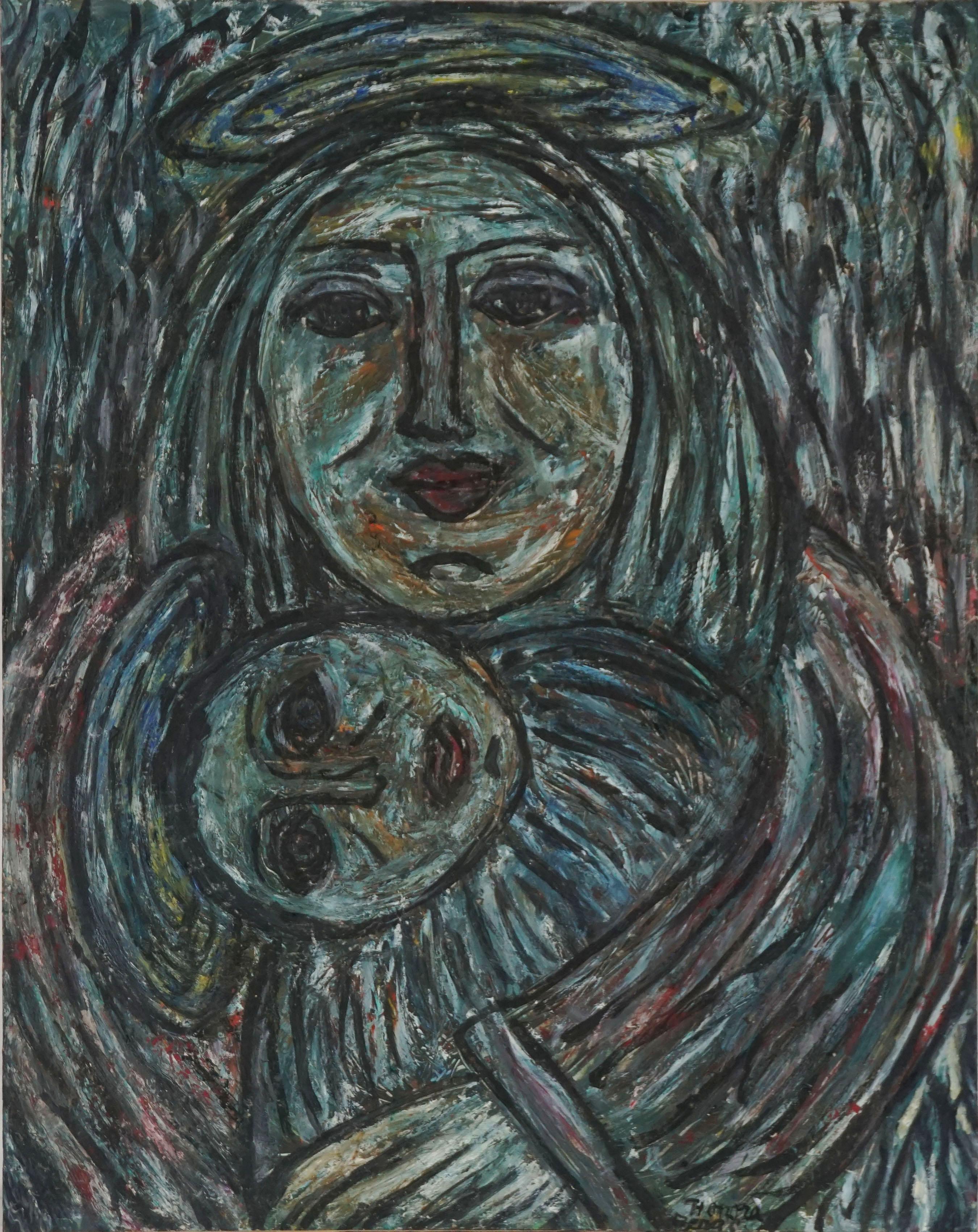 Pintura al óleo original figurativa de mediados de siglo de la zona de la bahía -- Maternidad