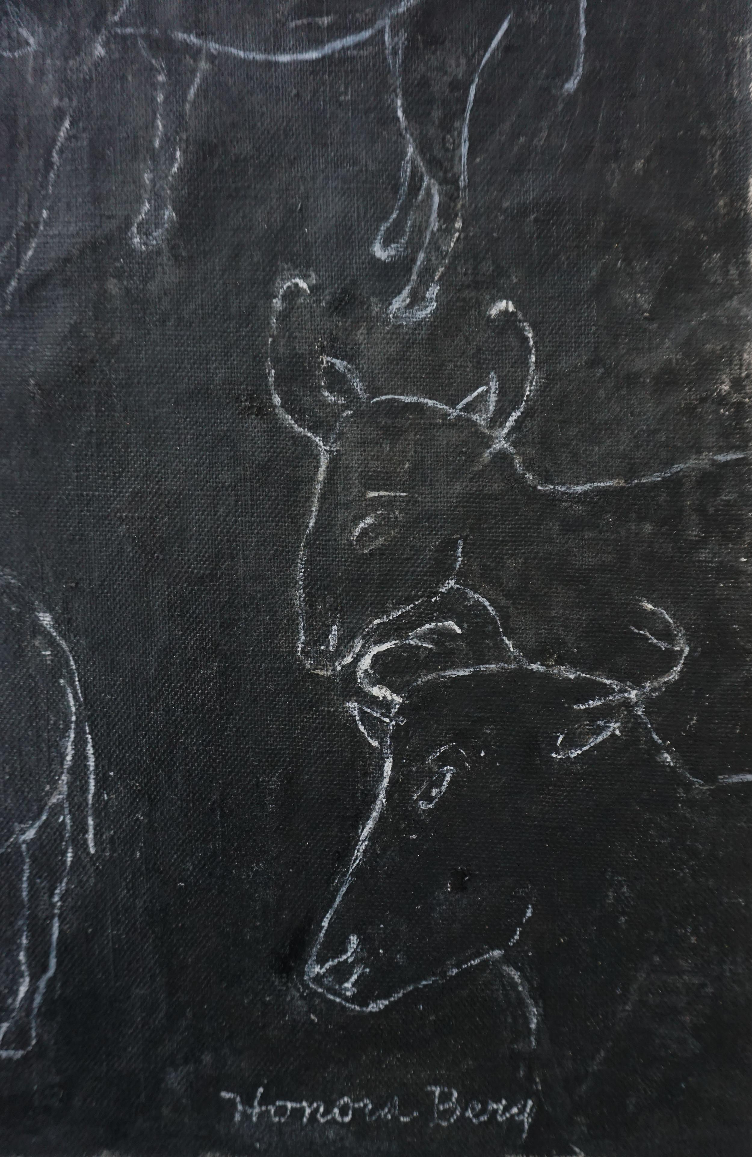 Peinture à l'huile originale du milieu du siècle dernier - migration préhistorique de cerfs - Abstrait Painting par Honora Berg