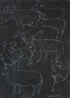 Mid Century Modern Original Oil Painting - Prehistoric Deer Migration