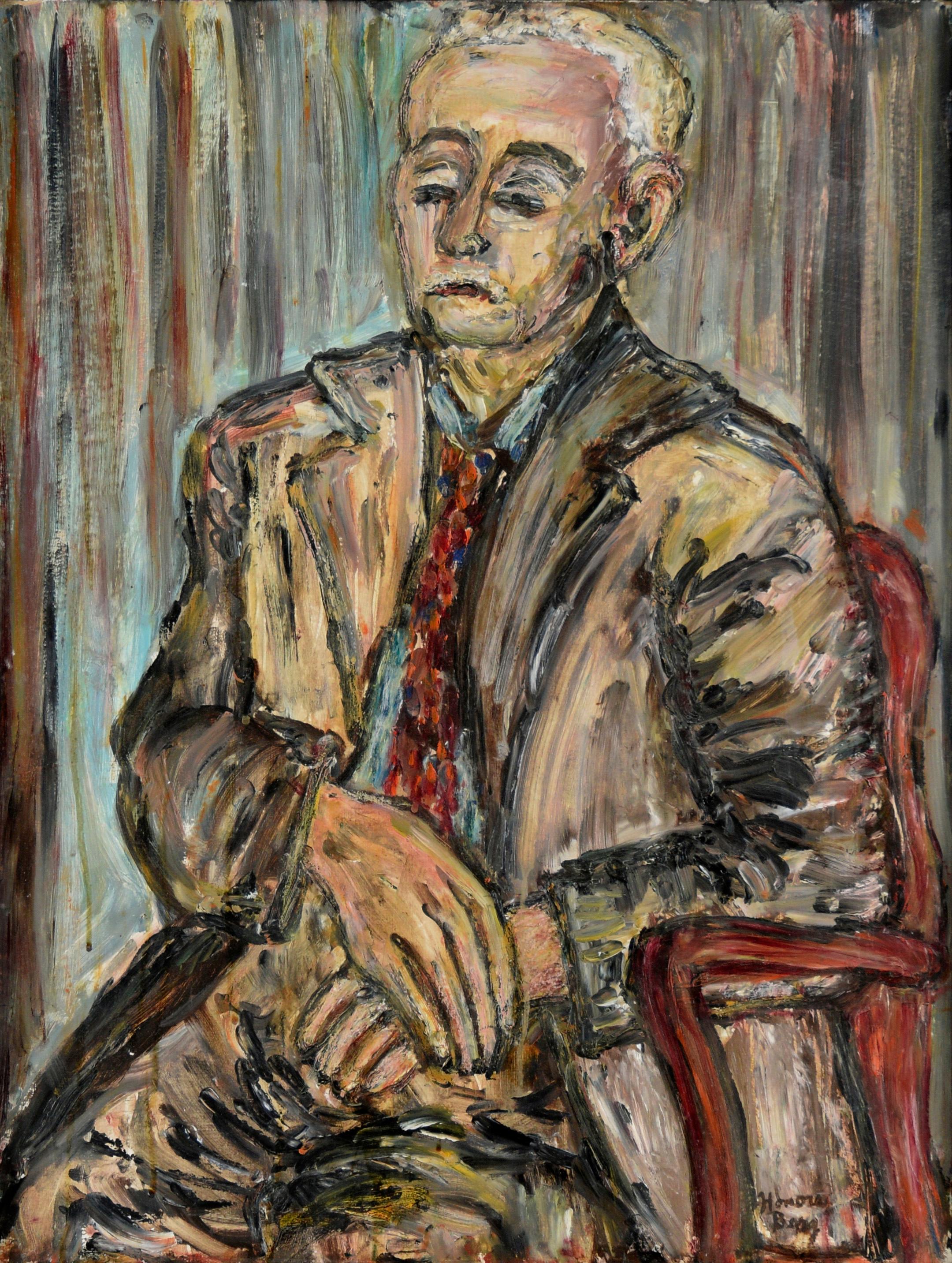 Mid Century Modern Portrait of a Man in a Suit in Oil on Masonite - Painting by Honora Berg