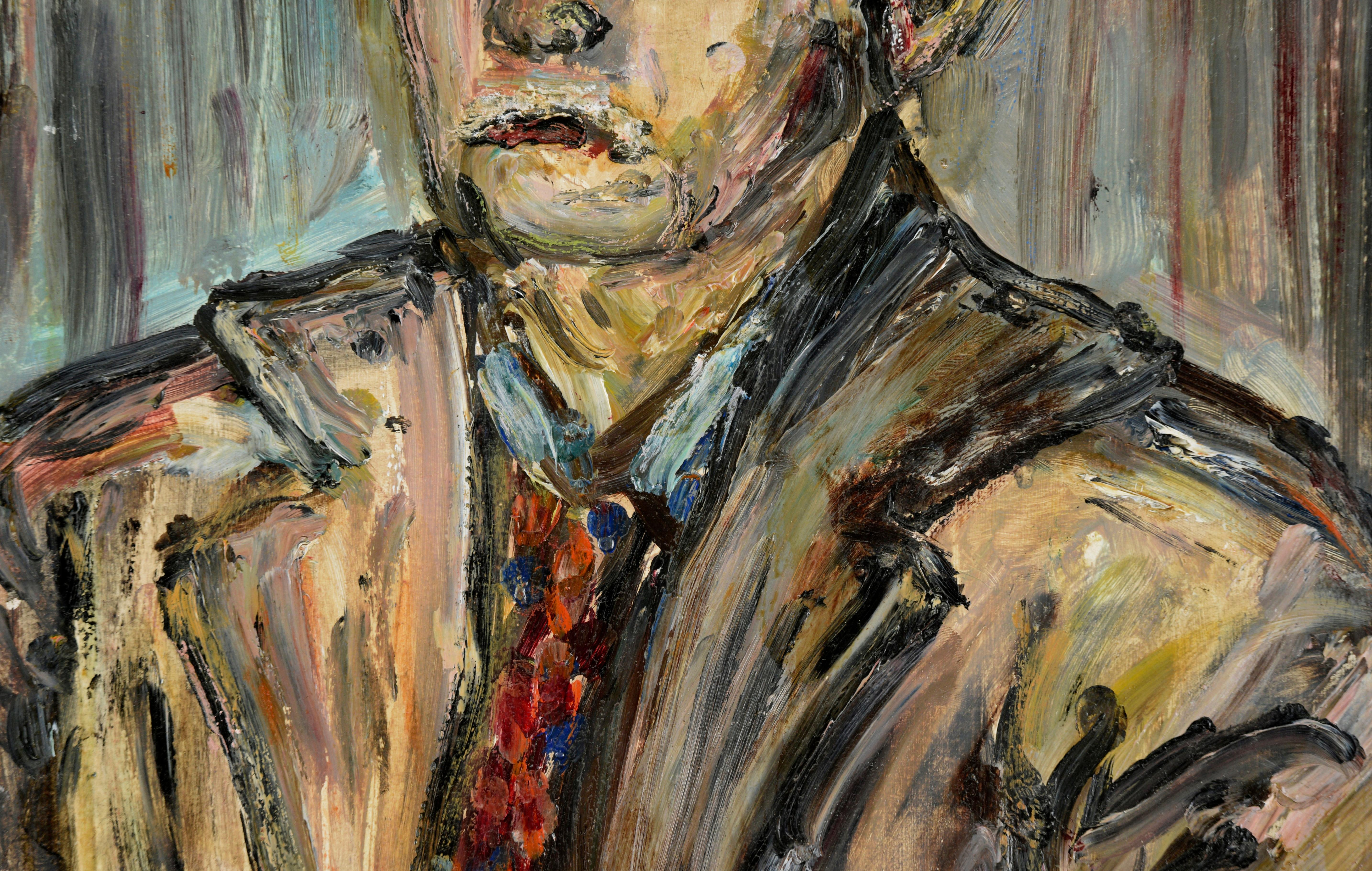 Mid Century Modern Portrait of a Man in a Suit in Oil on Masonite - Post-Impressionist Painting by Honora Berg