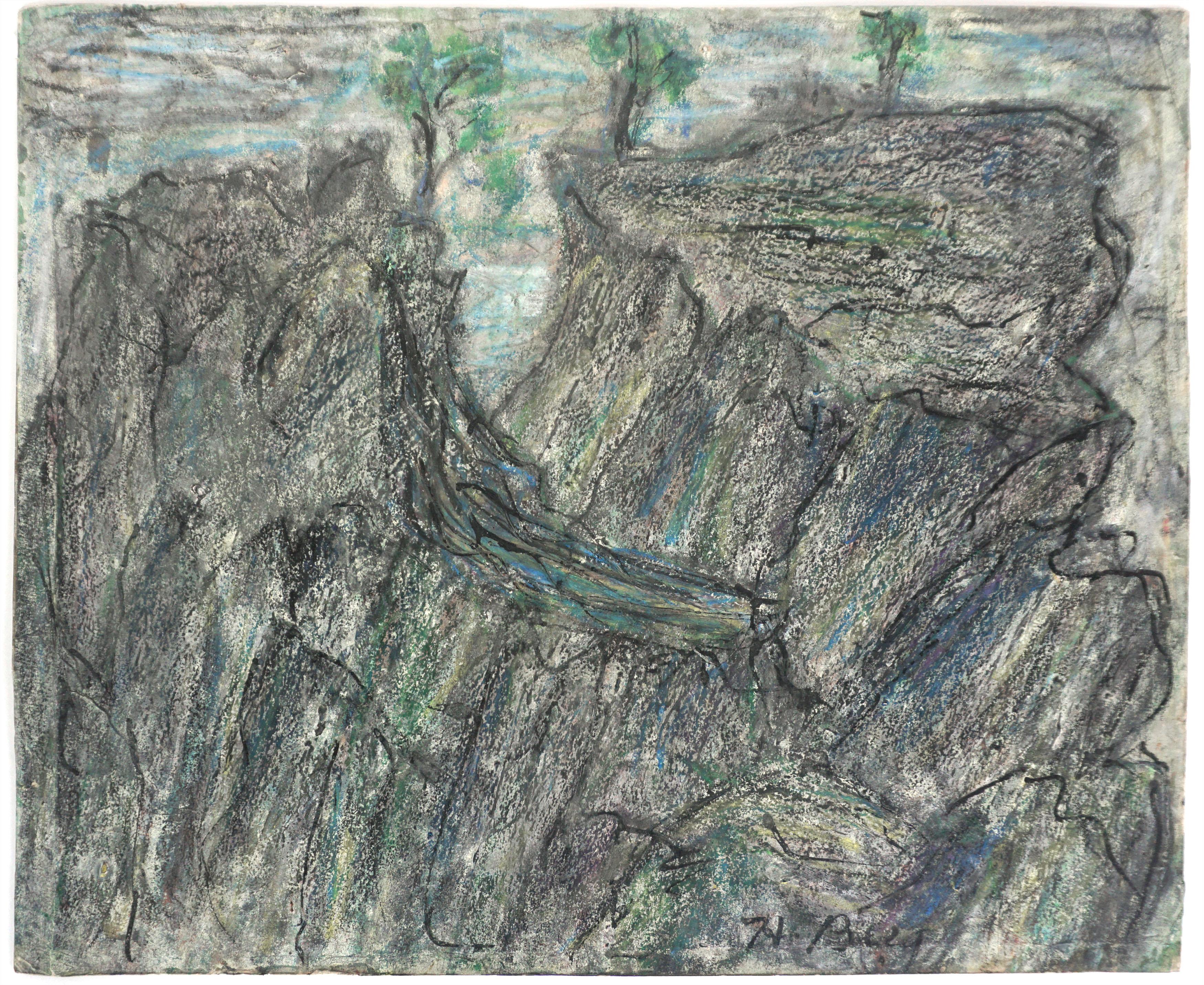 1940s Modernist Landscape Painting, Oil Pastel Signed by Honora Berg