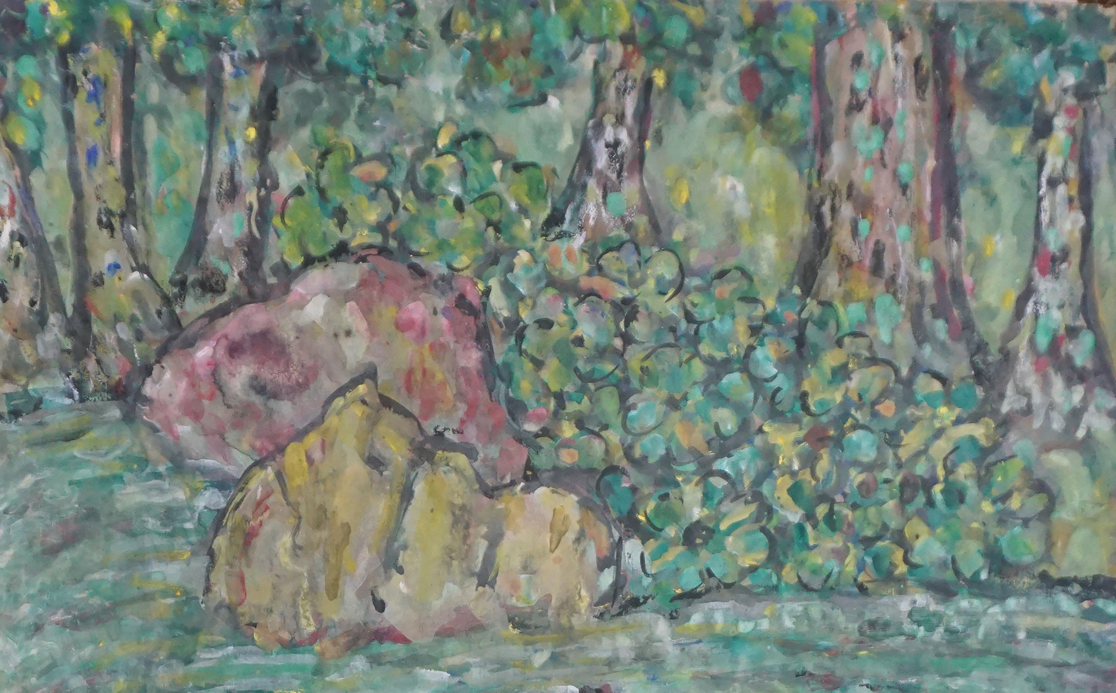 Modernistische Bergbachlandschaft aus der Mitte des Jahrhunderts – Painting von Honora Berg