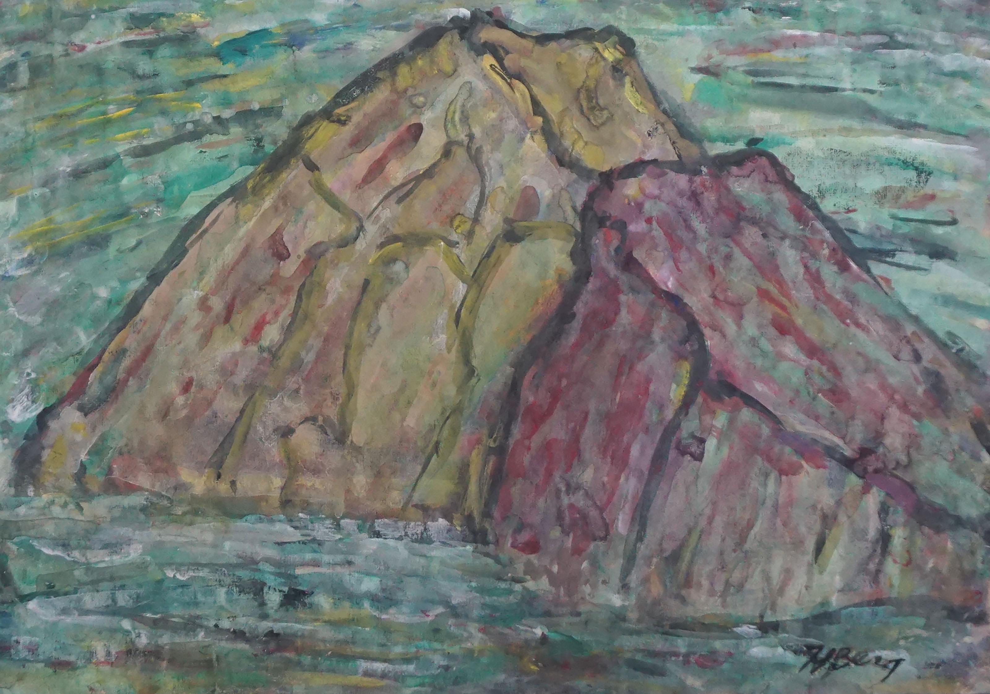 Modernistische Bergbachlandschaft aus der Mitte des Jahrhunderts (Grau), Landscape Painting, von Honora Berg