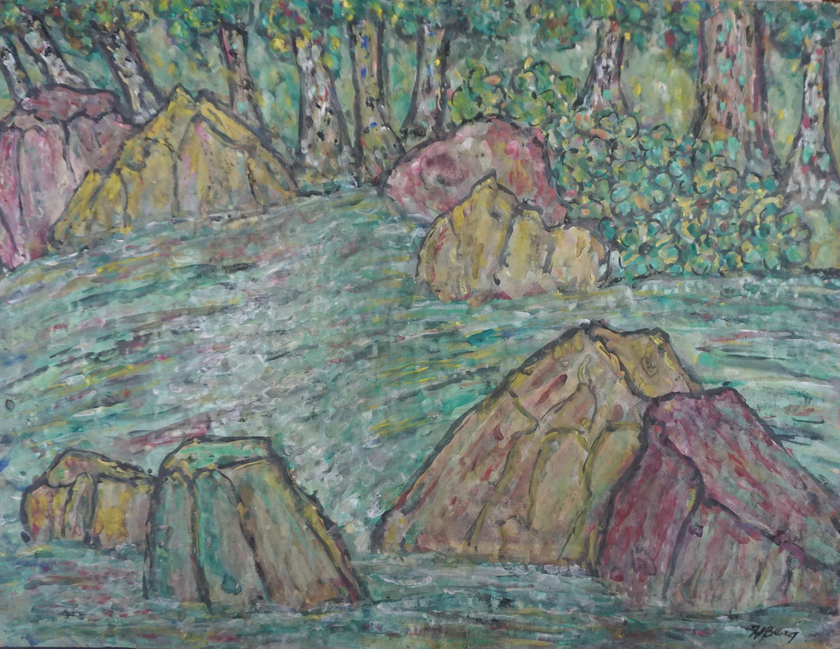 Honora Berg Landscape Painting – Modernistische Bergbachlandschaft aus der Mitte des Jahrhunderts
