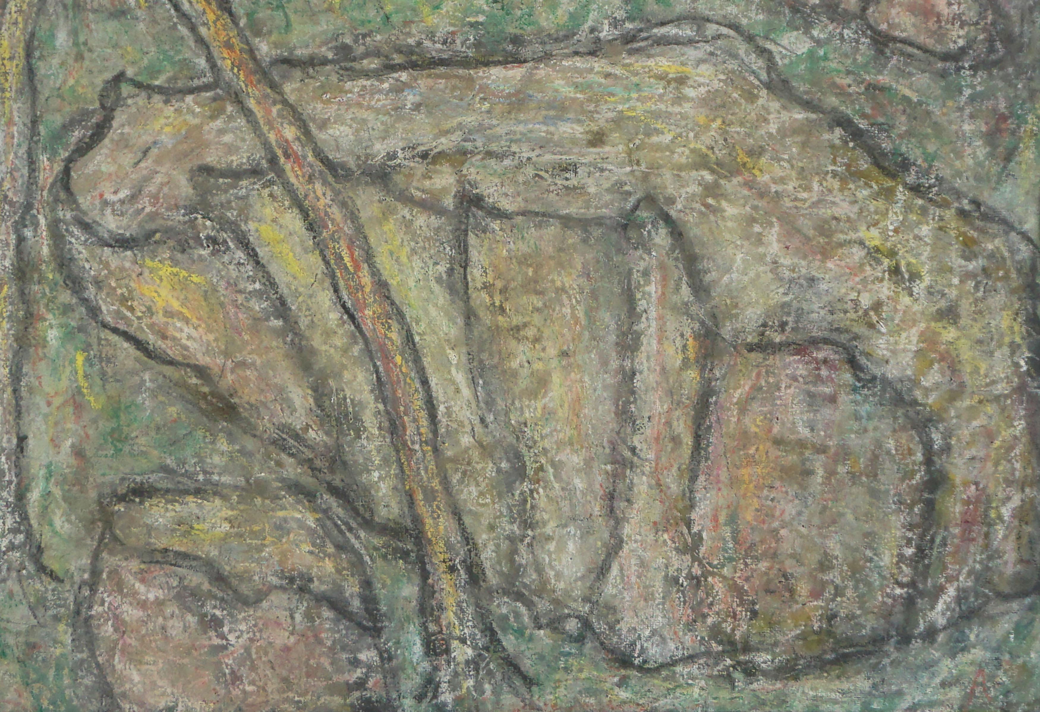 Paesaggio astratto espressionista originale della Sierra Mountain Cabine

Dipinto originale in acrilico raffigurante una baita nelle Sierra Mountains di Honora Berg (americana, 1897-1985), 1950 circa. Una cabina in legno è il punto focale con pini