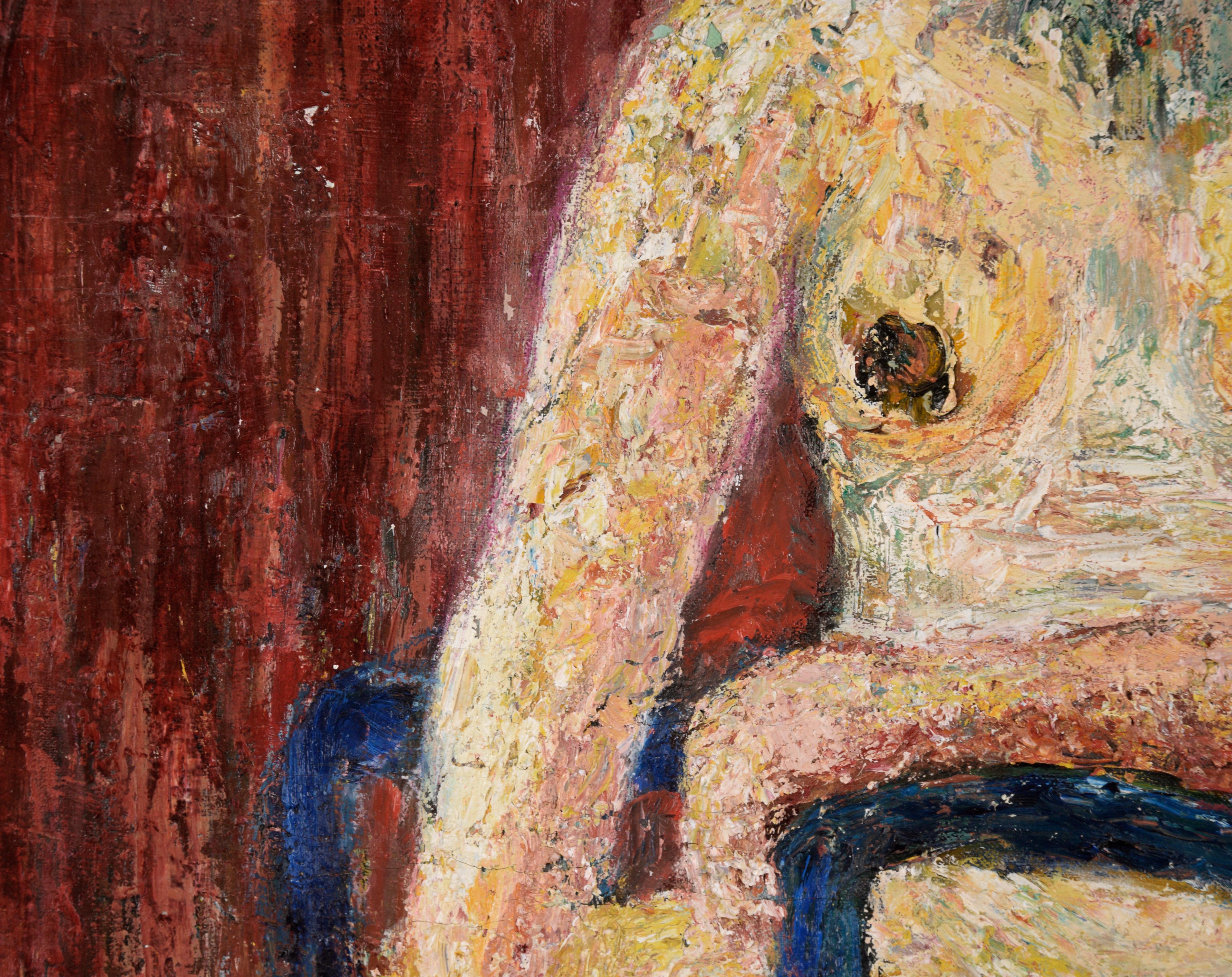 Retrato de Joan Brown Expresionista abstracta de la Bahía Desnudo sentado Óleo sobre lienzo - Figurative Painting Marrón de Honora Berg