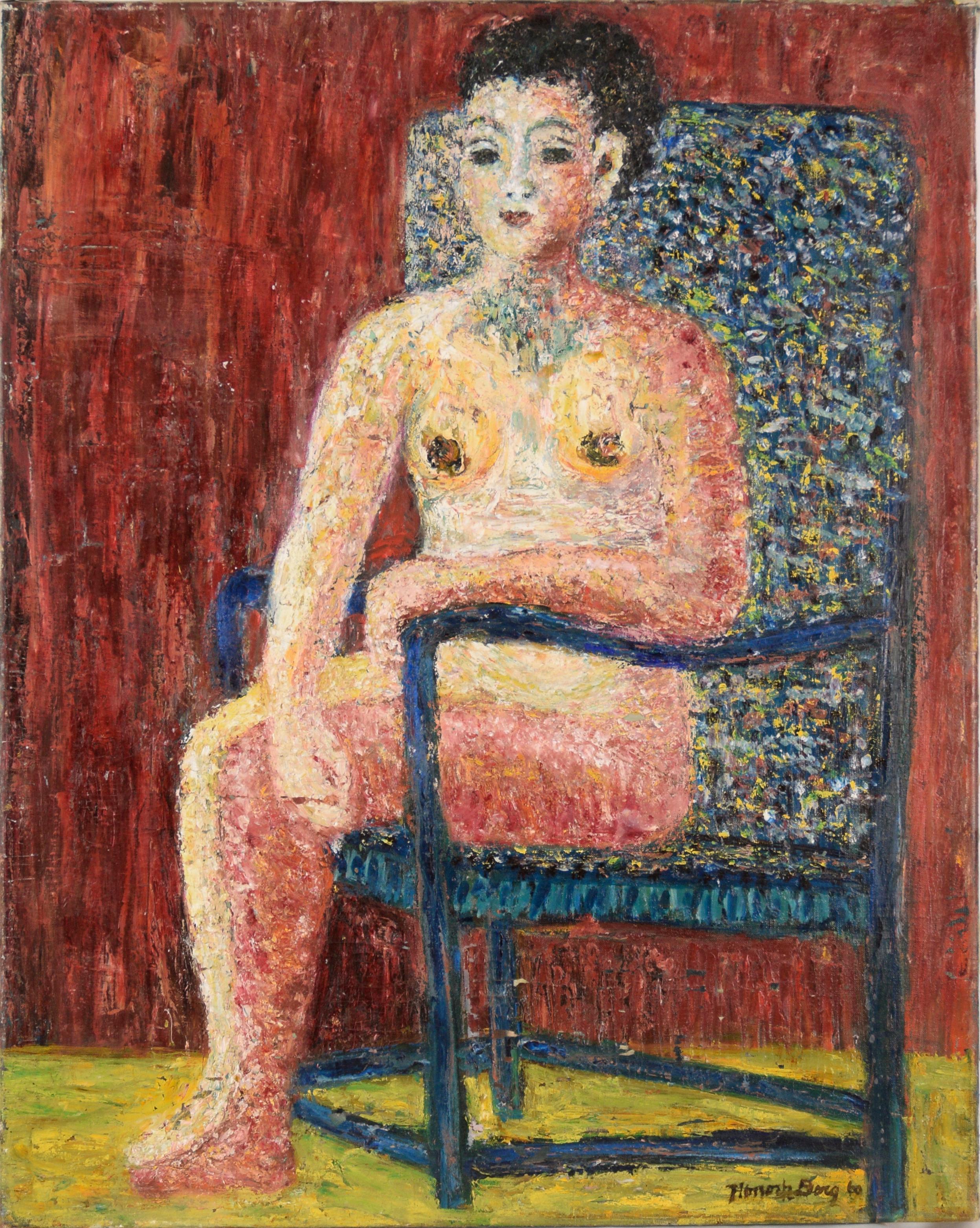 Honora Berg Figurative Painting - Portrait of Joan Brown Bay Area Abstract Expressionist Seated Nude Oil on Canvas