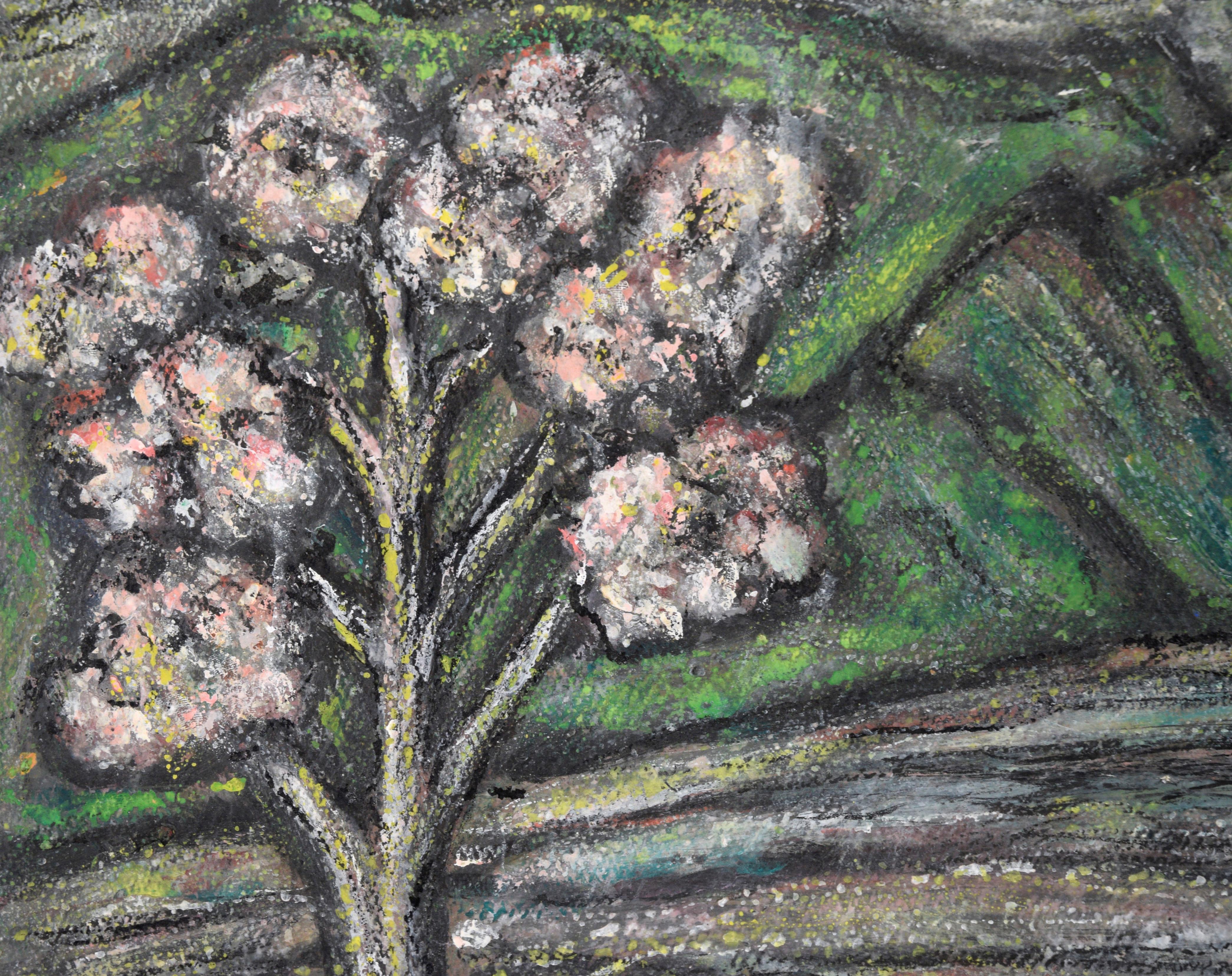 Trees in Bloom Along the River Landscape in oil on Heavy Cardstock - Painting by Honora Berg