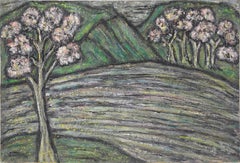 Trees in Bloom Along the River Landscape in oil on Heavy Cardstock