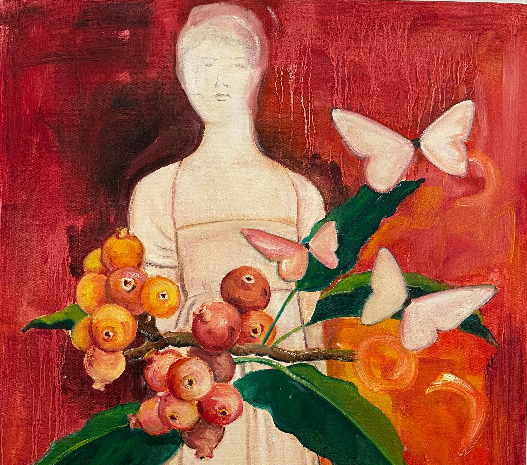 Belles Pommes  ,Oil on canvas by artist  Honora Jacob, is rich in color, symbols and imagery, Honora's work references a personal vocabulary of cultural, historical and organic elements that illustrate a narrative of the contemporary female psyche.