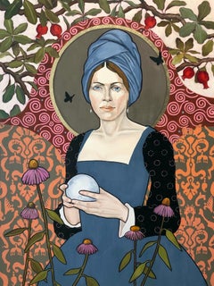 Celeste Amid The Coneflowers  Oil Gold Leaf Canvas Figurative 40 x 30 Feminine