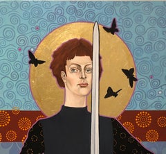 Joan Amid Narcissus Oil Gold Leaf Canvas Figurative 33 x 22  Feminine Figurative