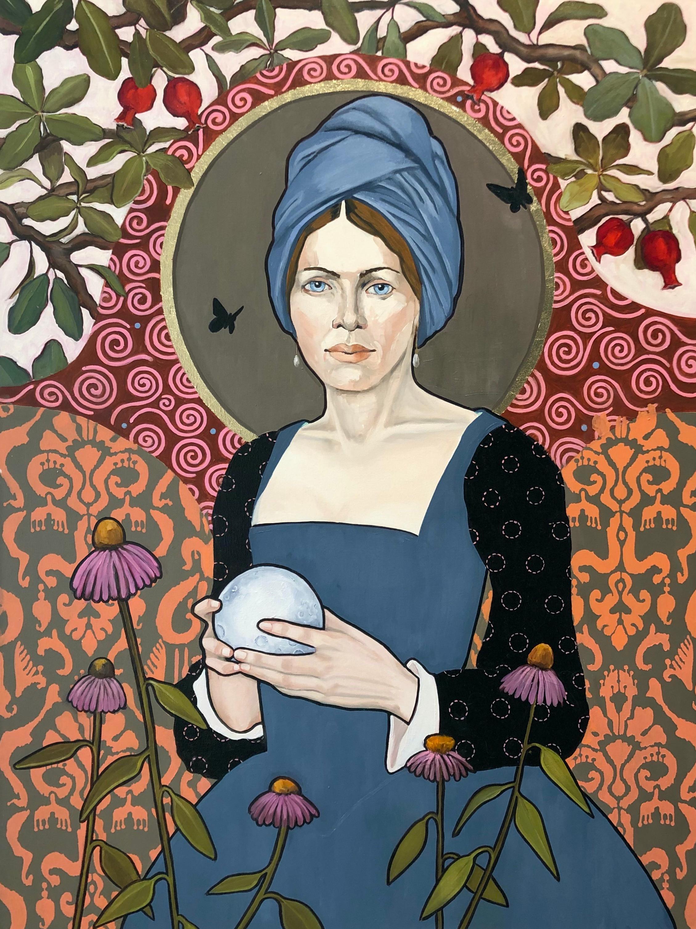 Juana entre Narcisos Óleo Lienzo Hoja de Oro Figurativo 33 x 22  Figurativo Femenino en venta 1