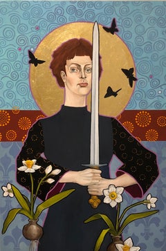 Joan Amid Narzissen, Öl, Blattgold-Leinwand, figurativ, 33 x 22  Feminin Figurativ