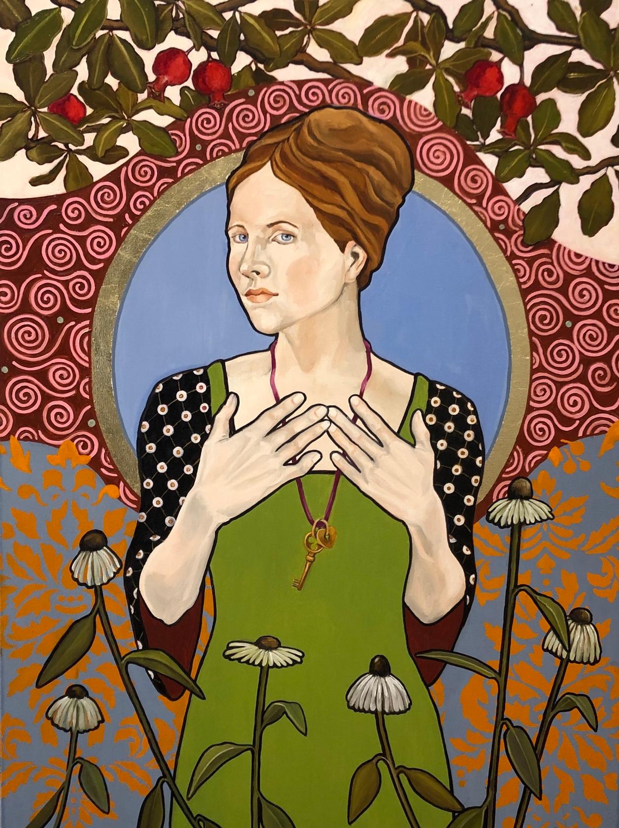 Figurative Painting Honora Jacob -  The Secret Keeper - Figuratif à l'huile, feuille de métal doré sur toile, 40" x 30"  Féminin