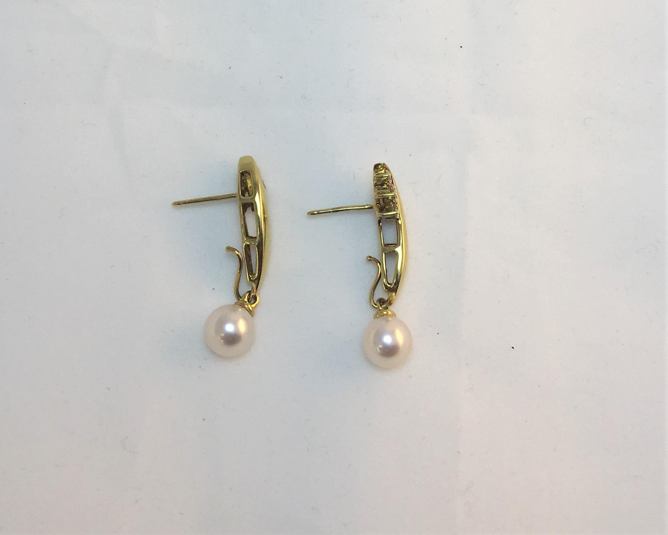 Round Cut Honora Pearl and Diamond Dangle Gold Earrings For Sale