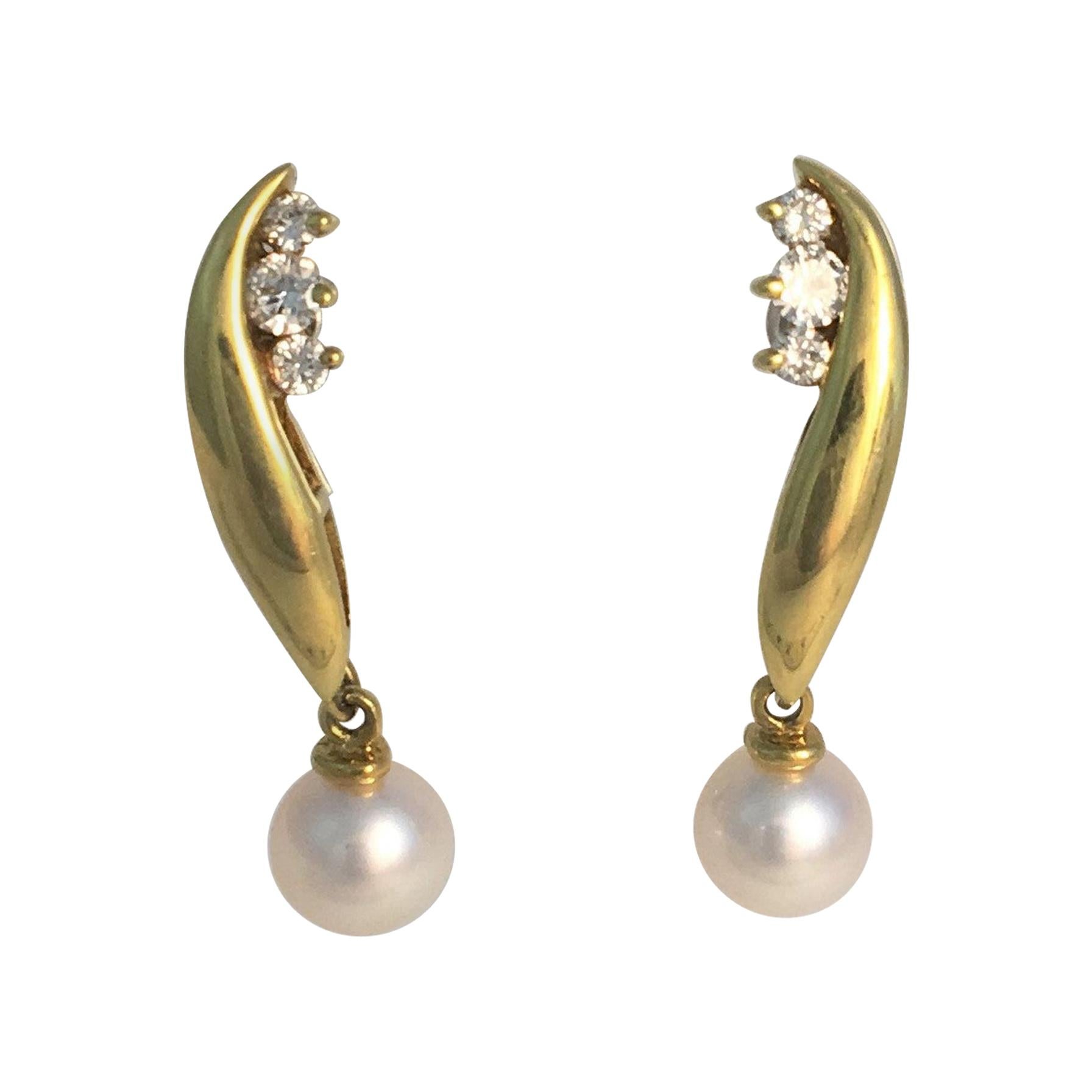 Honora Pearl and Diamond Dangle Gold Earrings For Sale