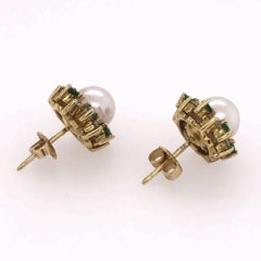 Pearl Diamond and Emerald Gold Stud Earrings by Honora Fine Estate Jewelry