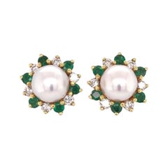 Pearl Diamond and Emerald Gold Stud Earrings by Honora Fine Estate Jewelry