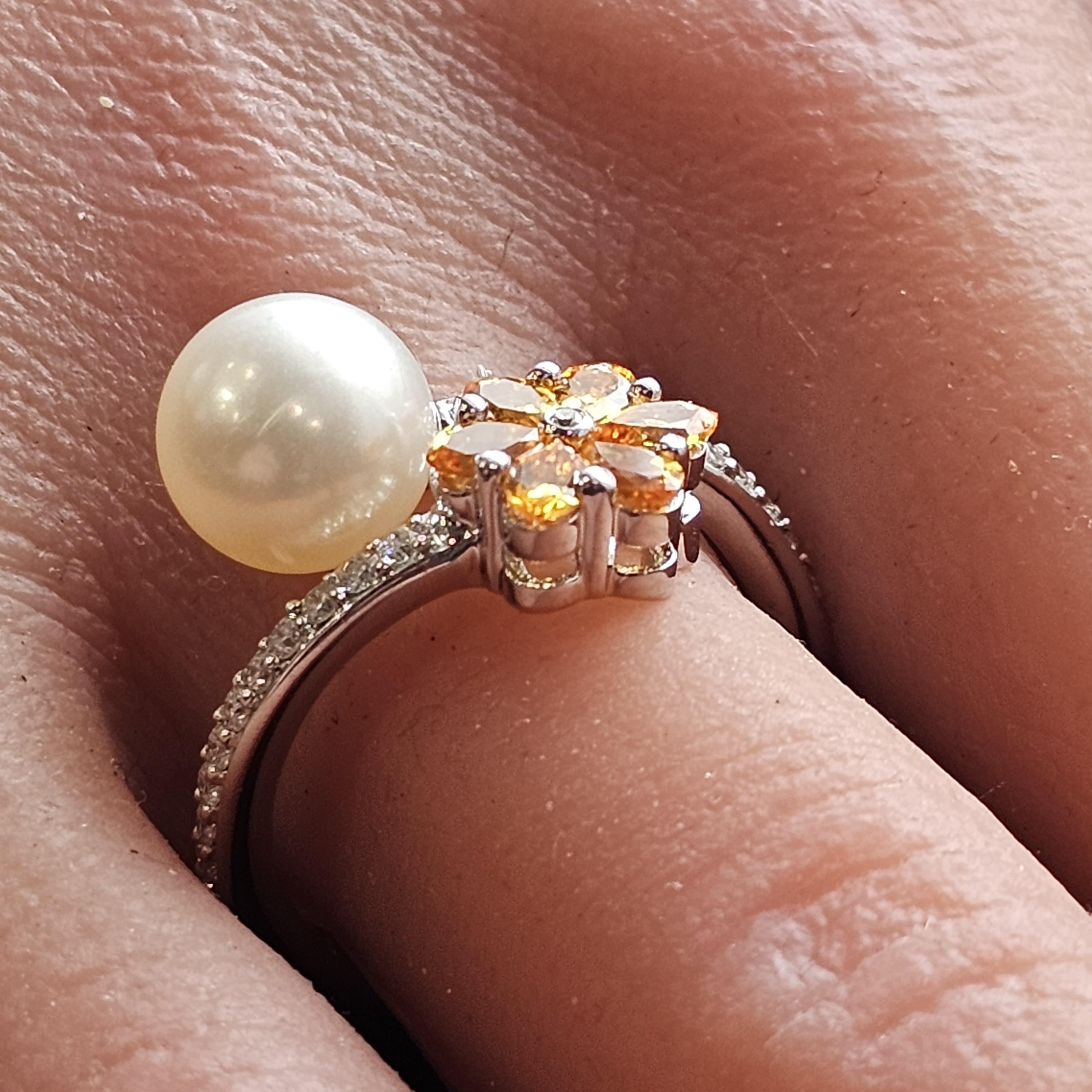 Anillo Honora Perla Diamante Oro Blanco 18k Citrino Perla talla 6.75 Corte redondo en venta