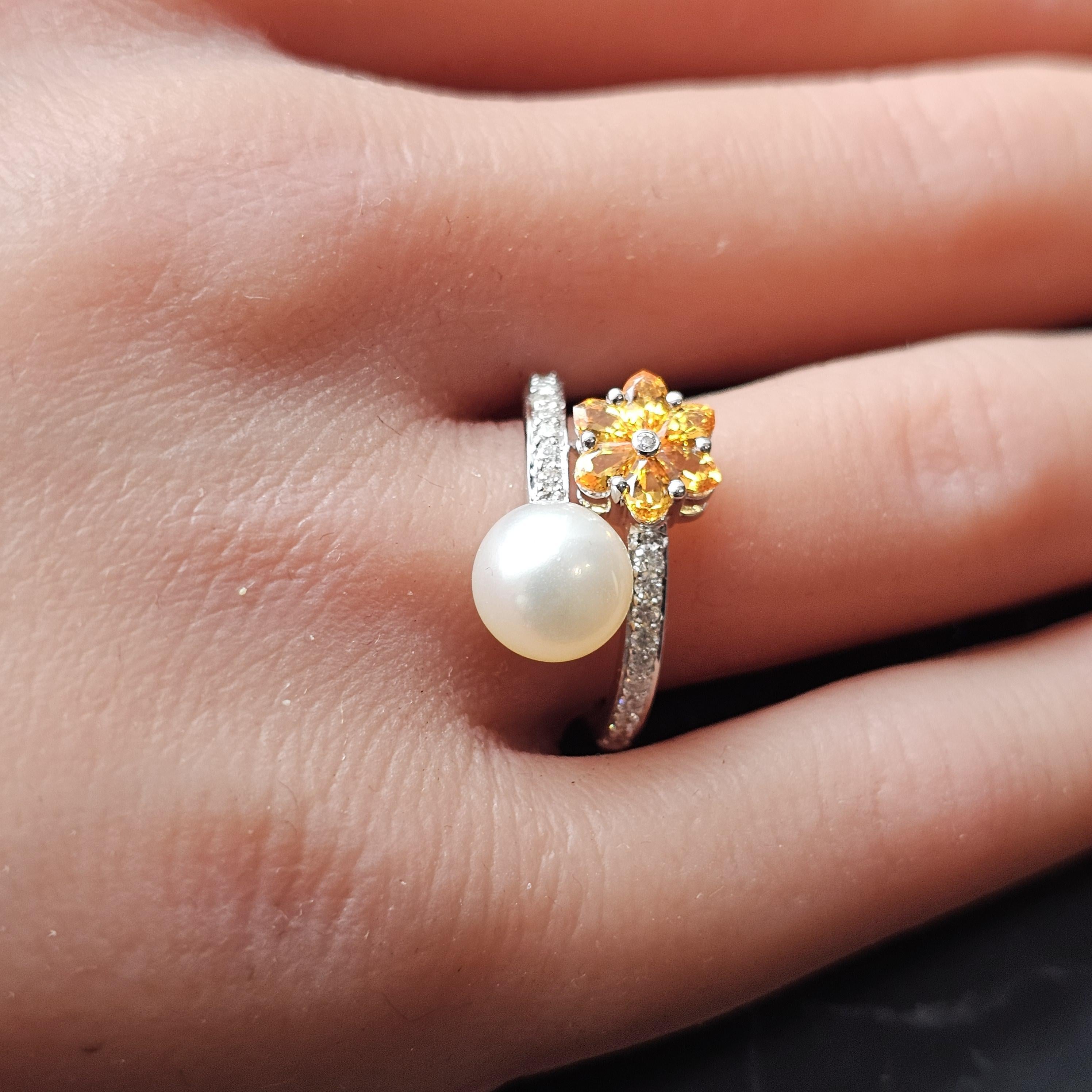 Anillo Honora Perla Diamante Oro Blanco 18k Citrino Perla talla 6.75 en Bueno estado para la venta en Northbrook, IL