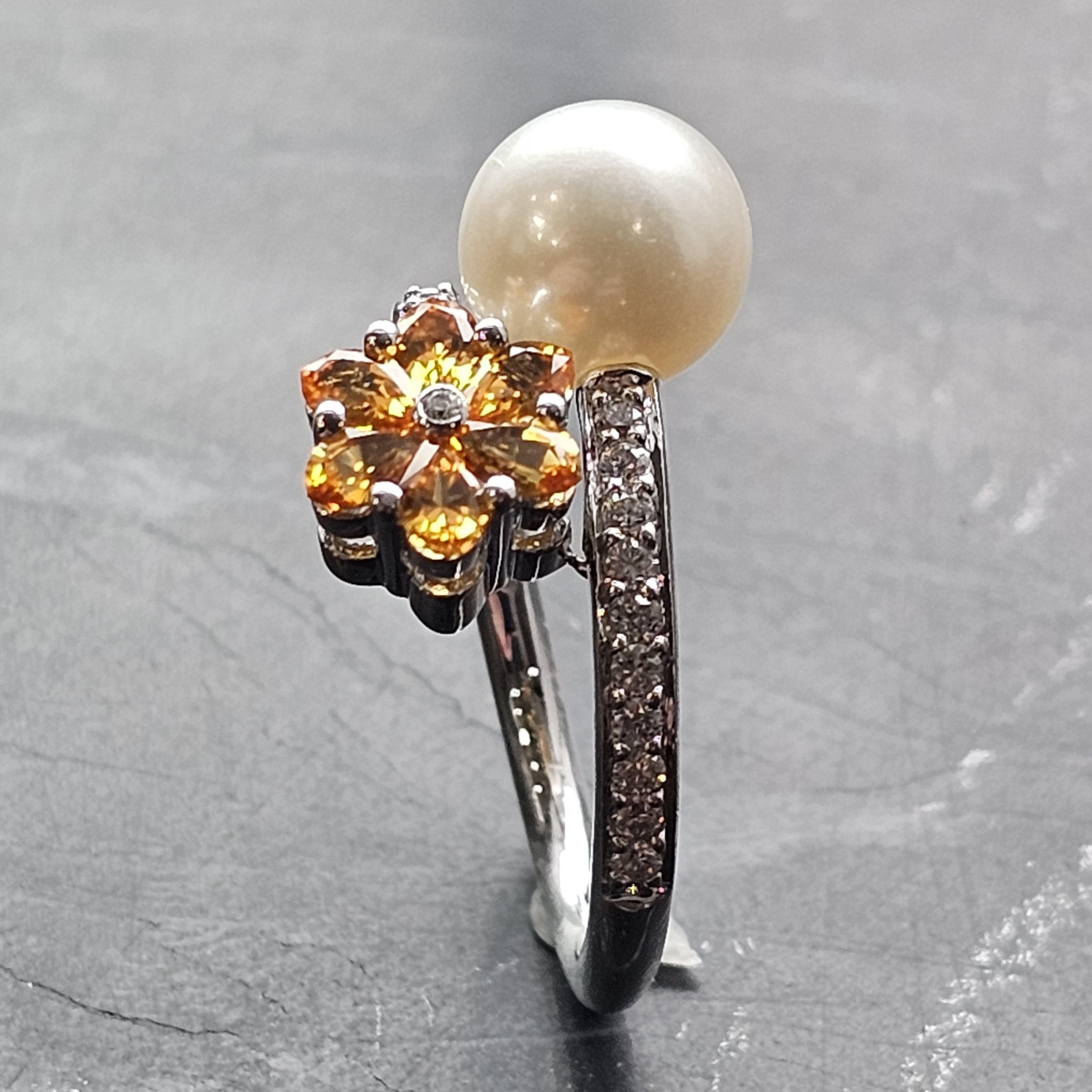 Anillo Honora Perla Diamante Oro Blanco 18k Citrino Perla talla 6.75 en venta 2