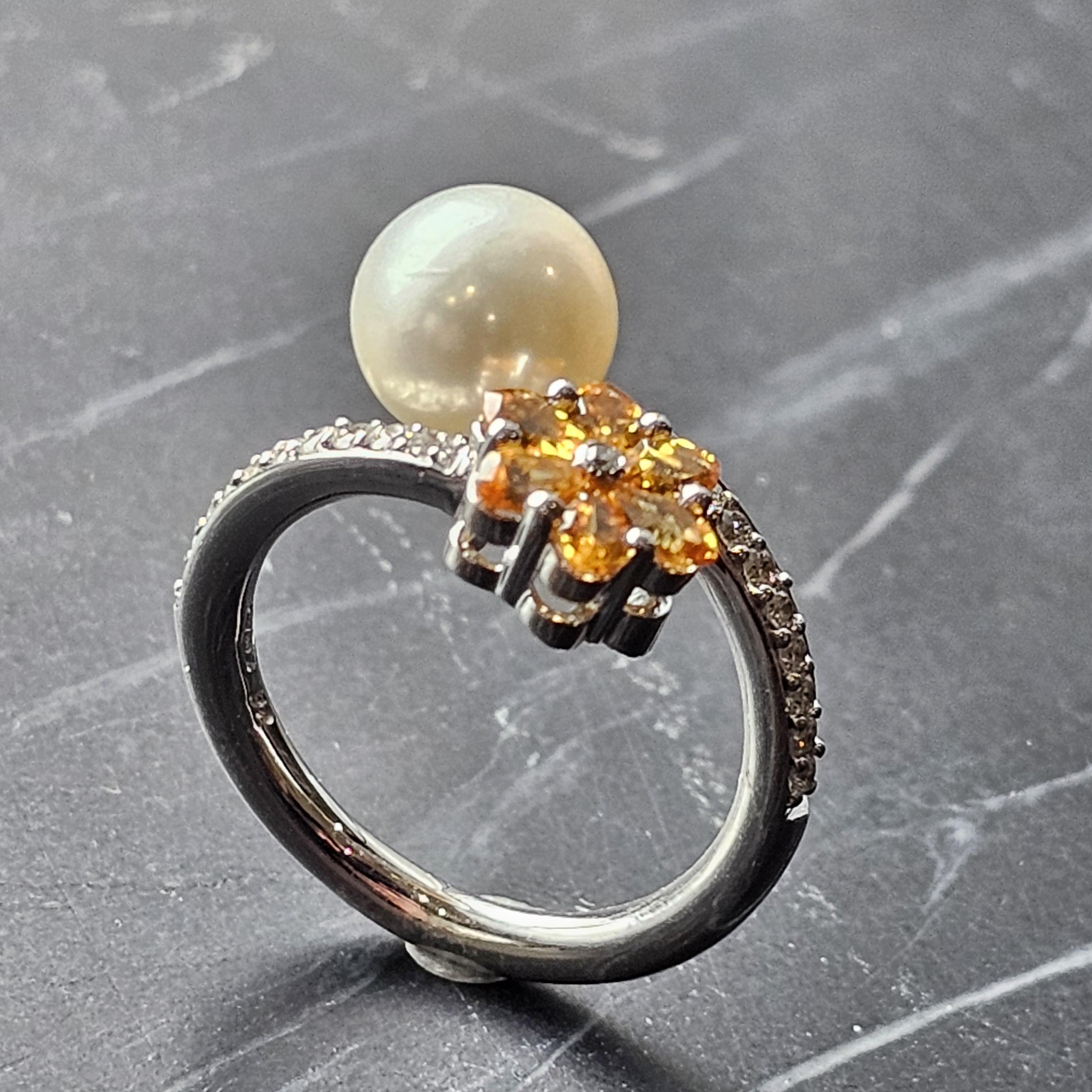 Anillo Honora Perla Diamante Oro Blanco 18k Citrino Perla talla 6.75 en venta 3