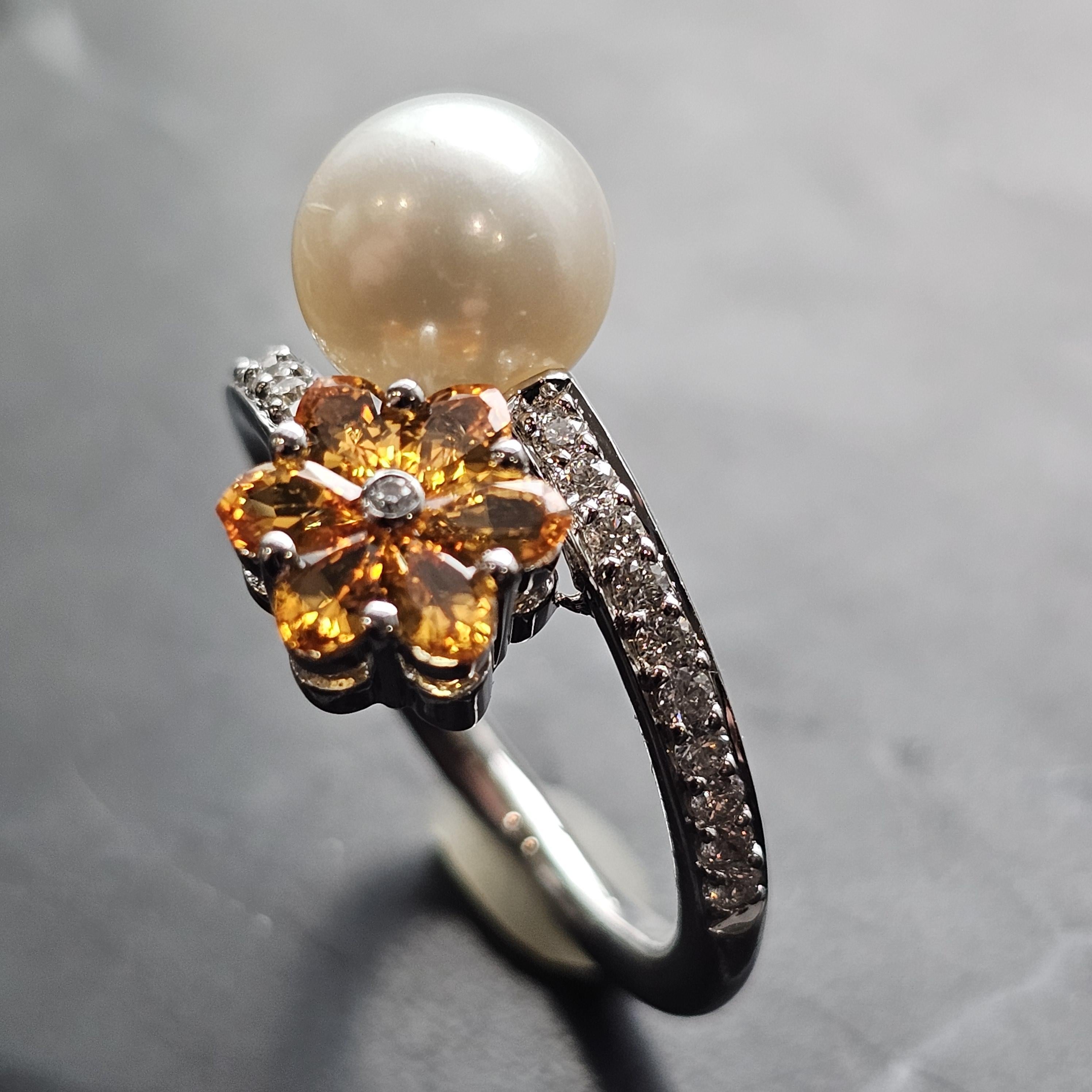 Anillo Honora Perla Diamante Oro Blanco 18k Citrino Perla talla 6.75 en venta 4