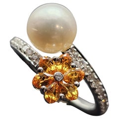 Anello Honora con diamante e perla citrina in oro bianco 18 carati, misura 6,75