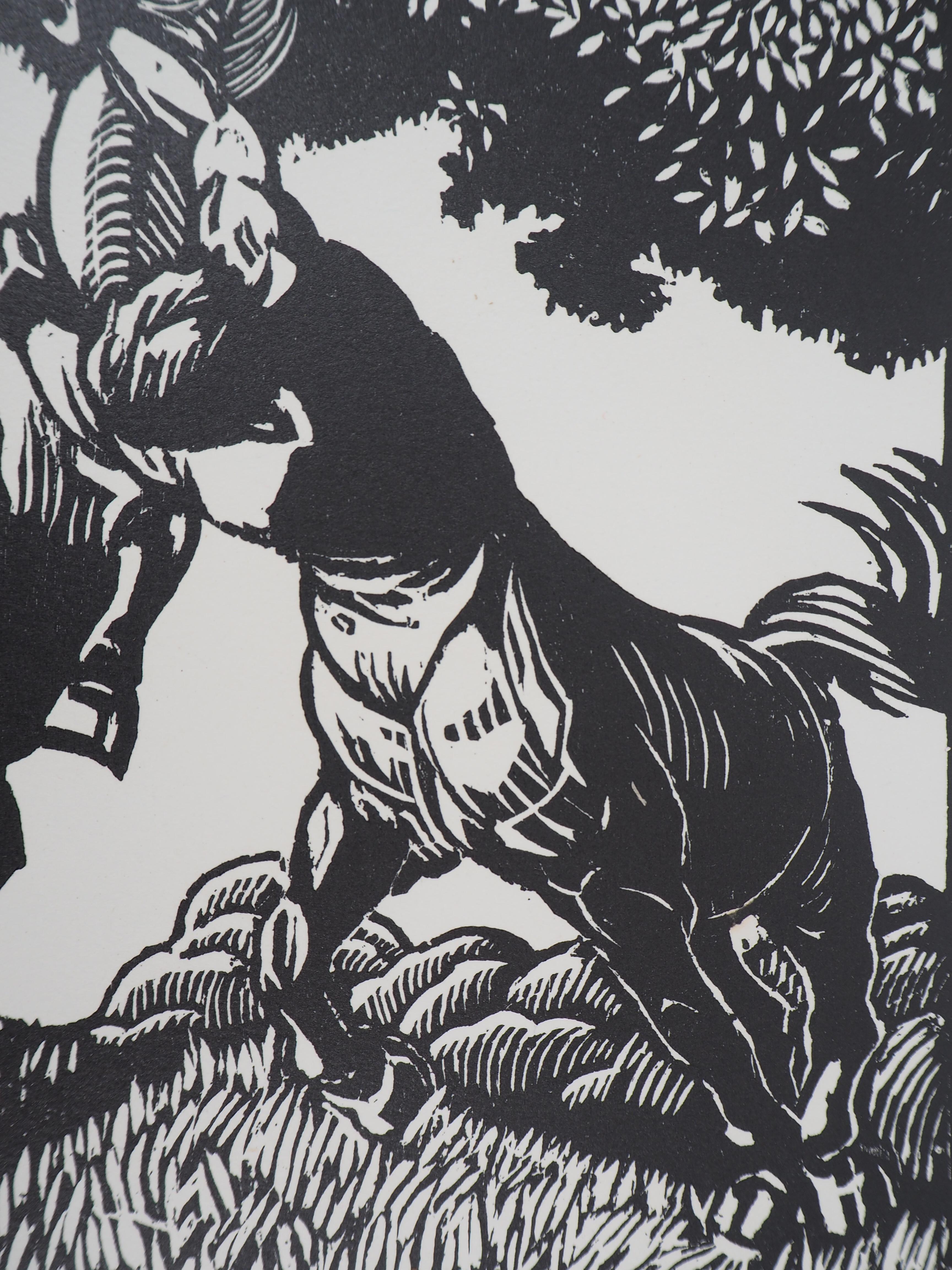 Honoré Broutelle (1866-1929)
Centauro e Unicorno, 1929

Xilografia originale
Firmato a matita
Numerato /160
Su pergamena 32,5 x 25,5 cm (circa 13 x 10 pollici)
Porta il timbro a secco dell'editore 