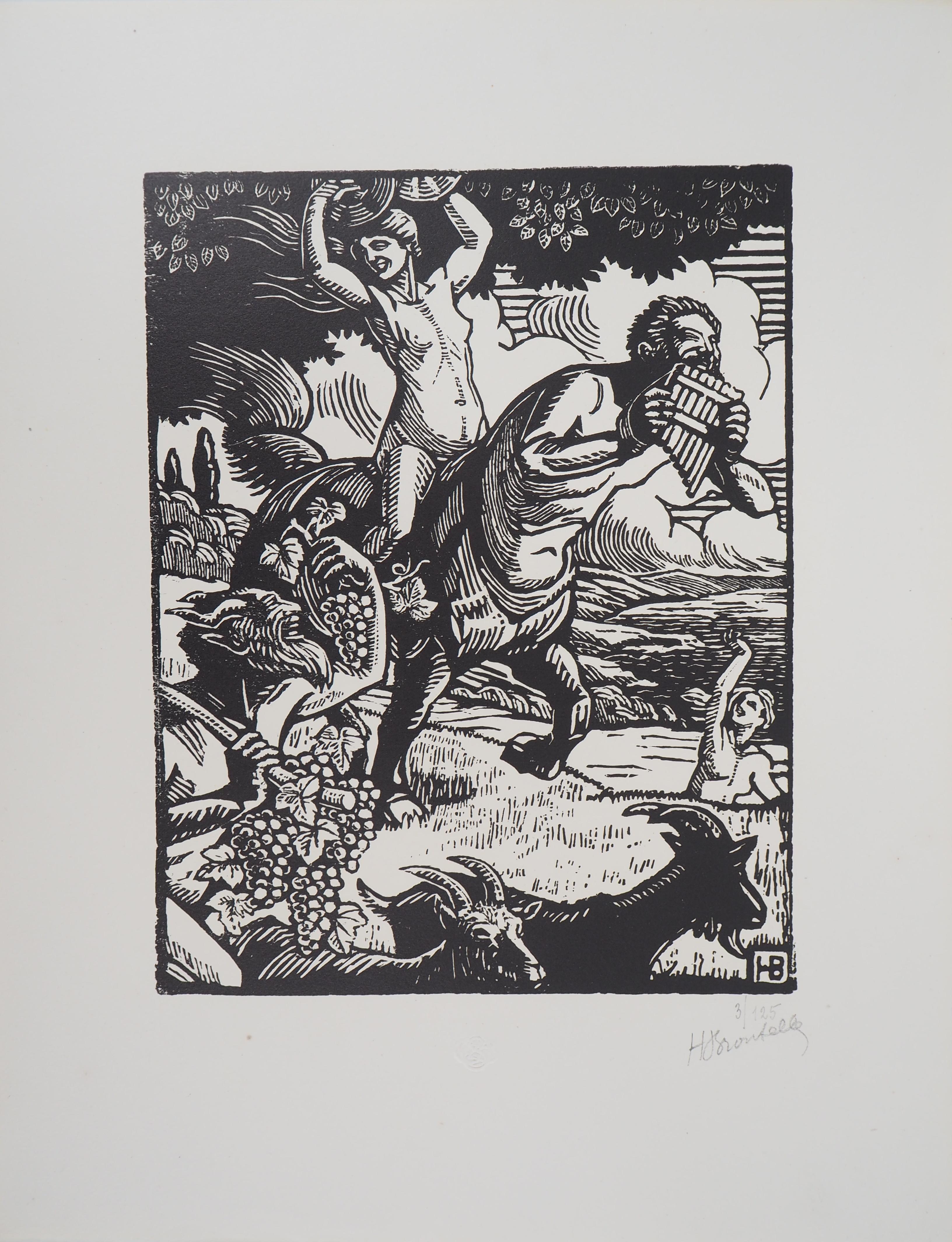 Mythology : Grape Harvest with Faun and Centaur - Original wooodcut, Handsigned - Print by Honoré Broutelle