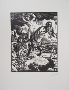 Mythologie : moisson de raisins avec faune et Centaure - gravure sur bois originale, signée à la main