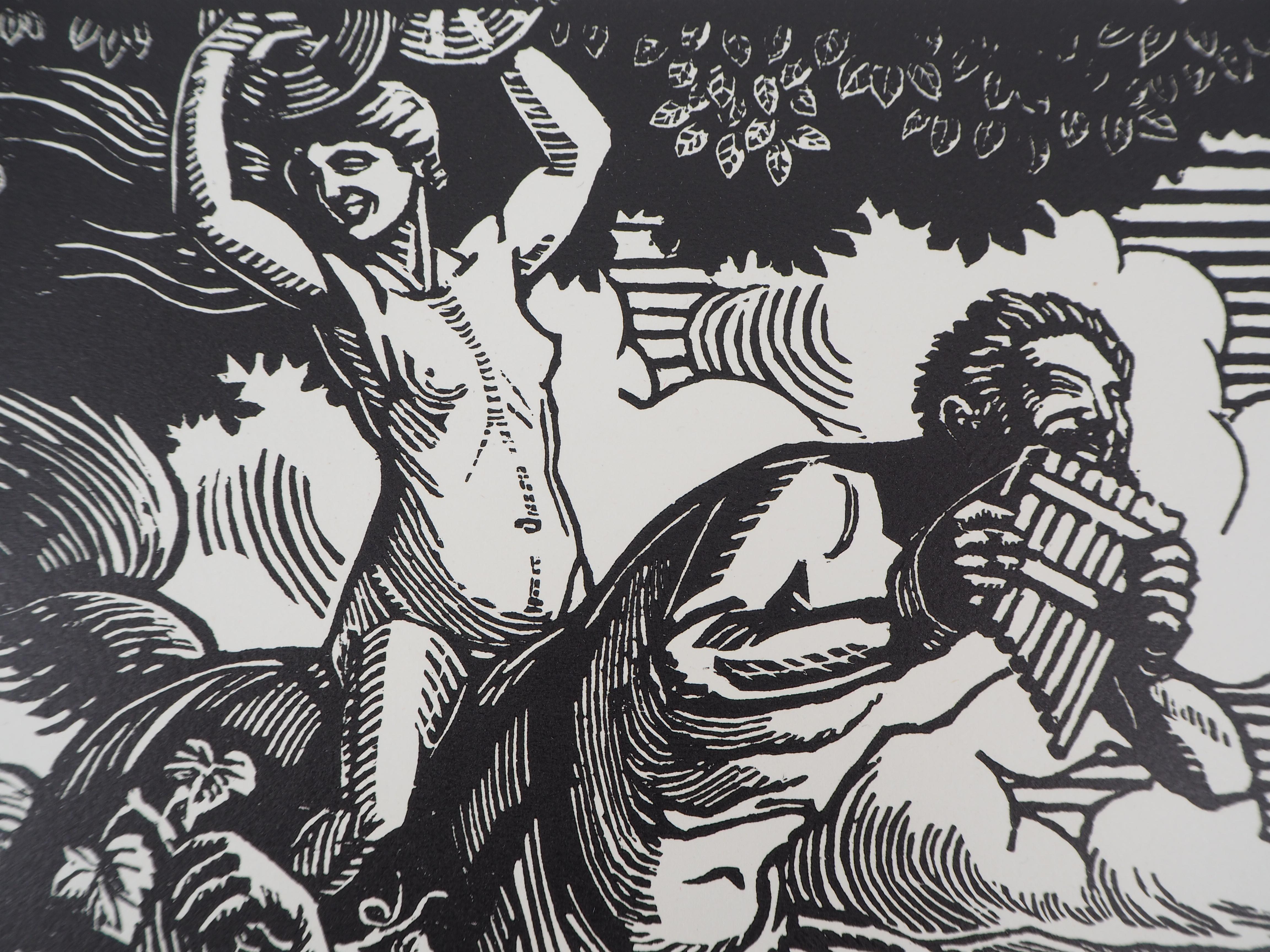 Mythology : Grape Harvest with Faun and Centaur - Original wooodcut, Handsigned - Modern Print by Honoré Broutelle