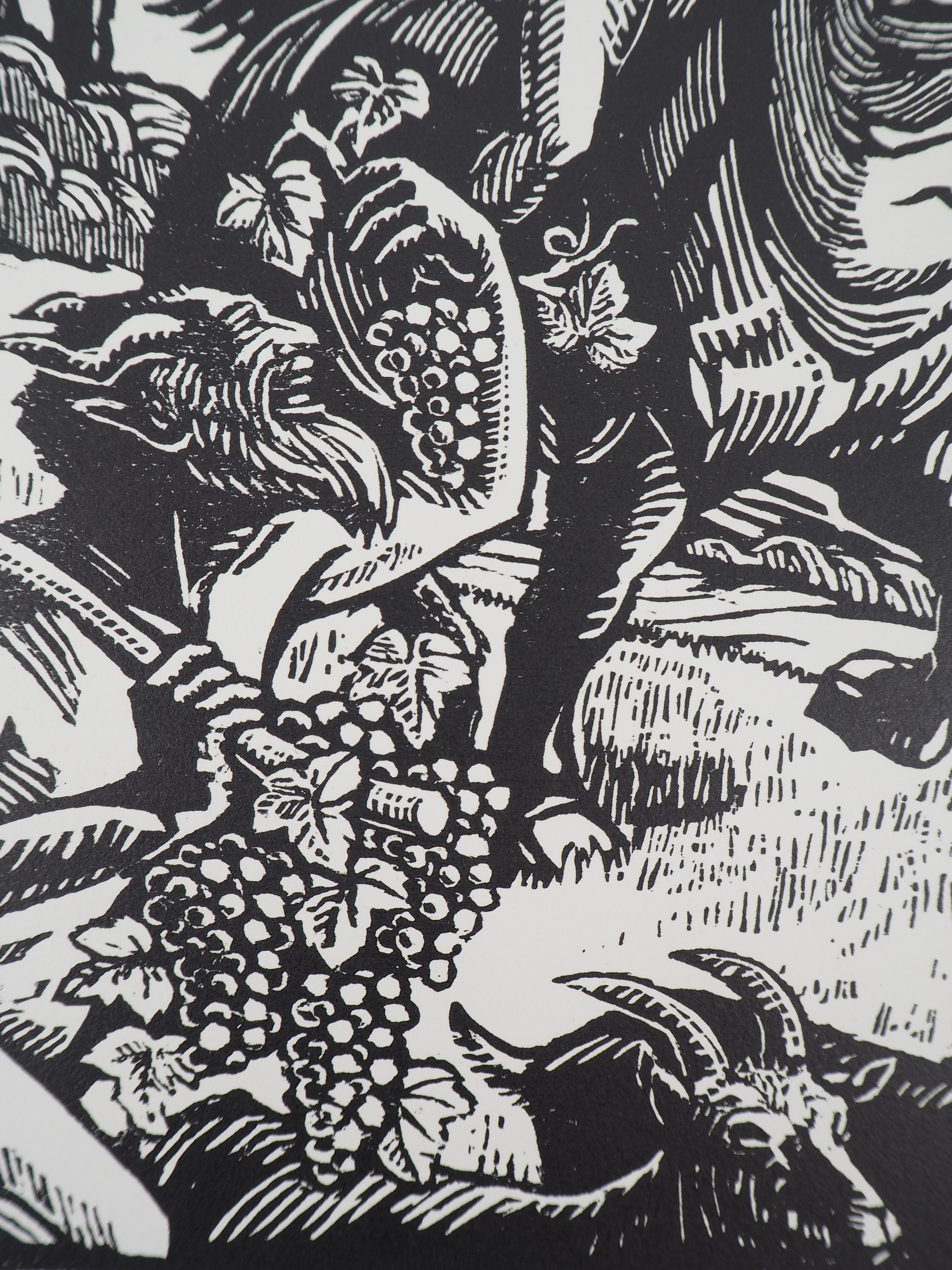 Mythology : Grape Harvest with Faun and Centaur - Original wooodcut, Handsigned - Gray Figurative Print by Honoré Broutelle