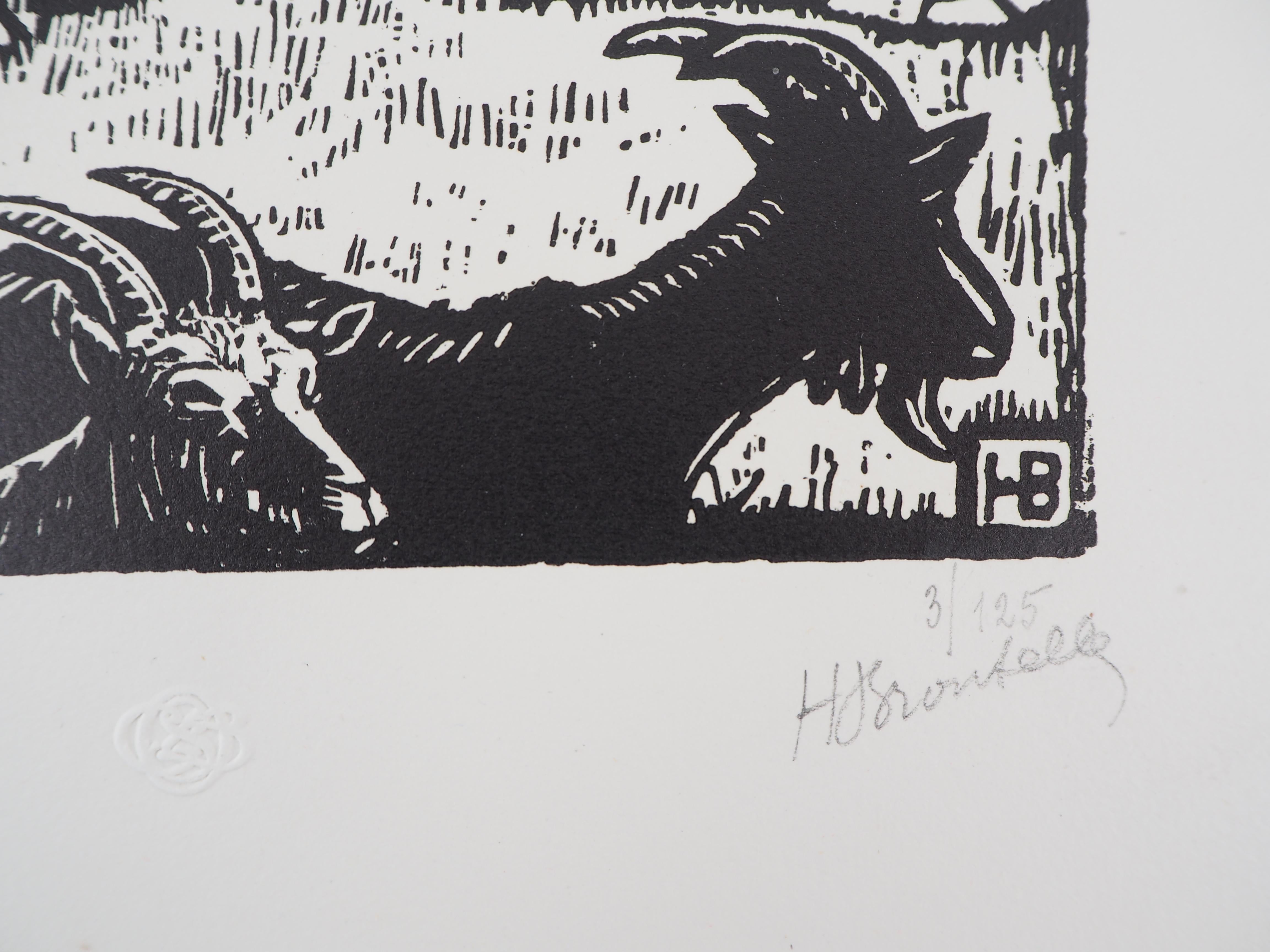 Honoré BROUTELLE (1866-1929)
Mythology : Grape Harvest with Faun and Centaur, 1921

Original woodcut
Handsigned in pencil
Numbered /125
On vellum 32.5 x 25.5 cm (c. 13 x 10 in)
Bears the blind stamp of the editor 'Imagier de la Gravure sur Bois'