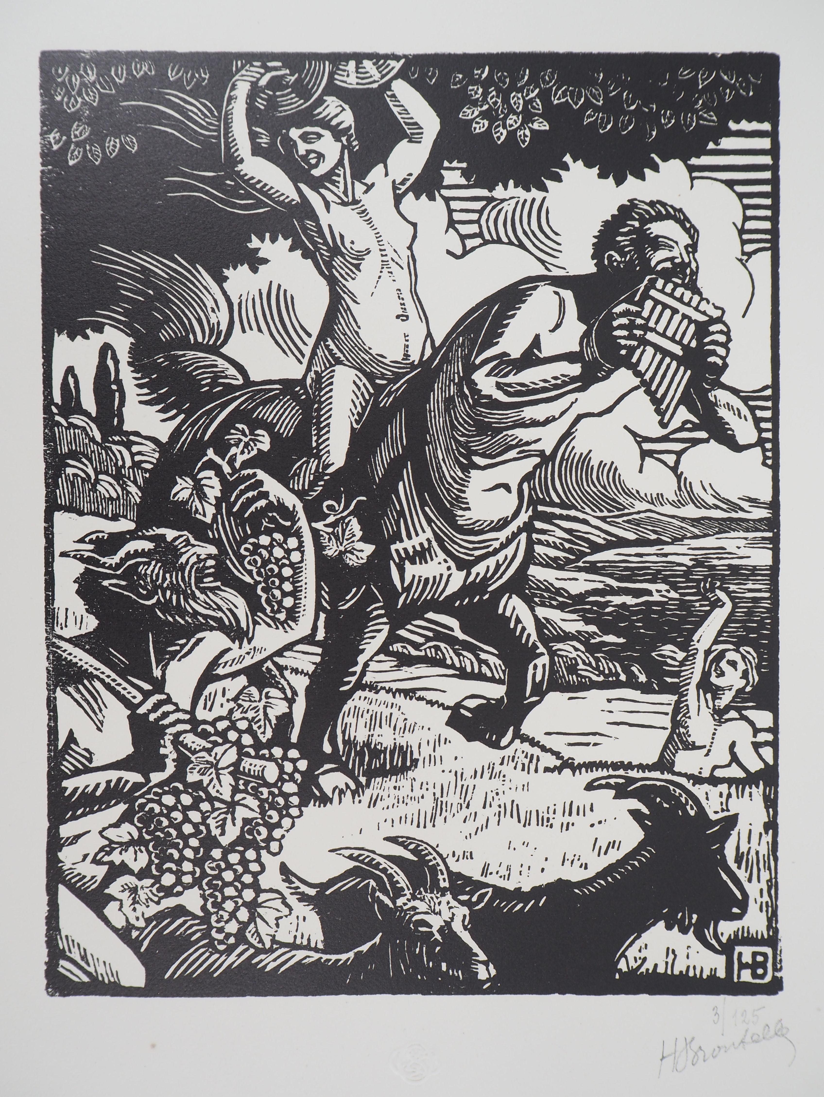 Mitologia: Vendemmia con Fauno e Centauro - Legno originale, firmato a mano