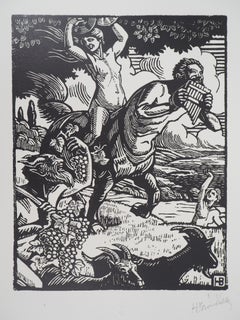 Mitología : Vendimia con Fauno y Centauro - Original wooodcut, Handsigned