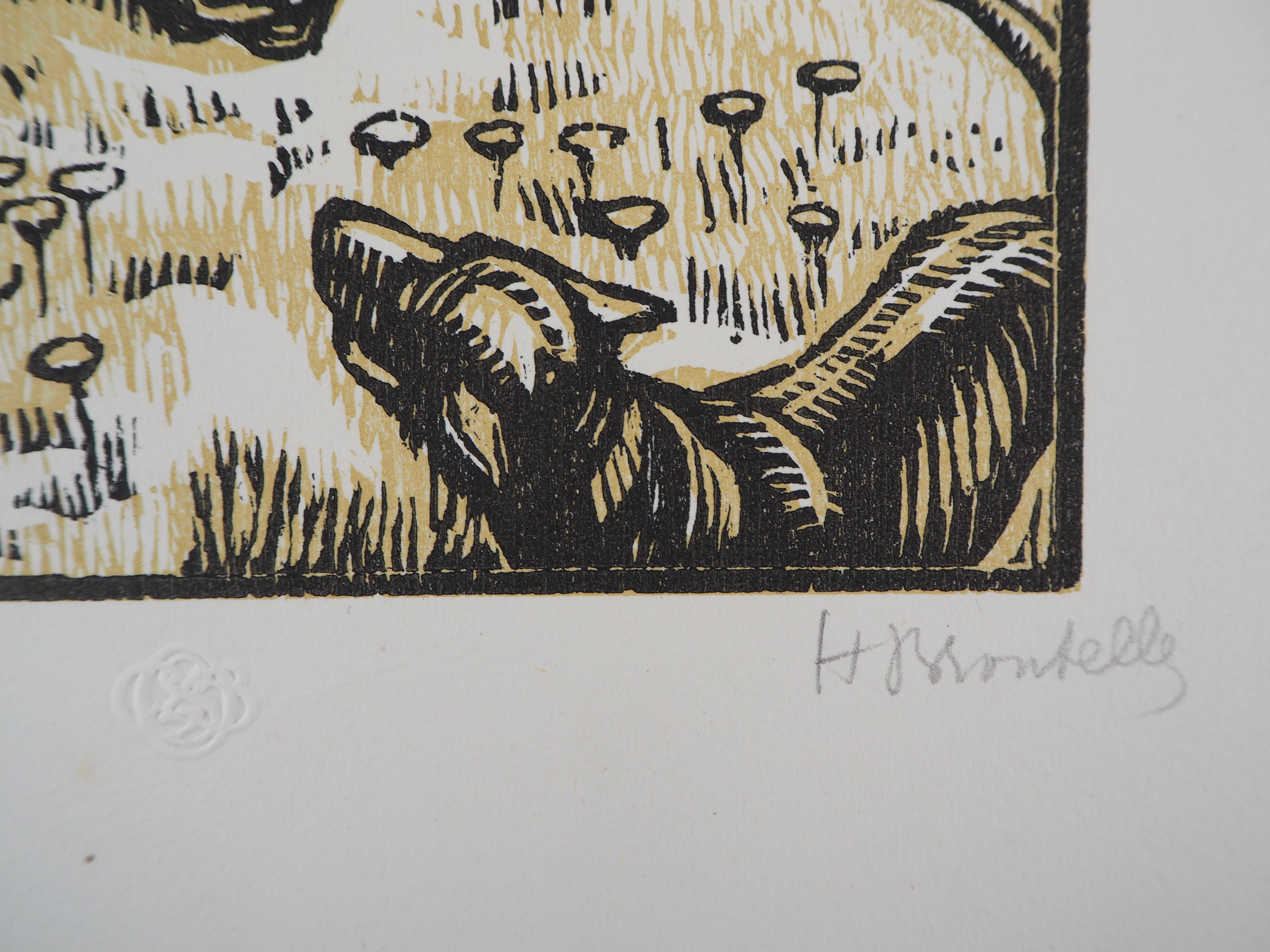 Der ungezähmte Stier – Original-Holzschnitt, handsigniert – Print von Honoré Broutelle