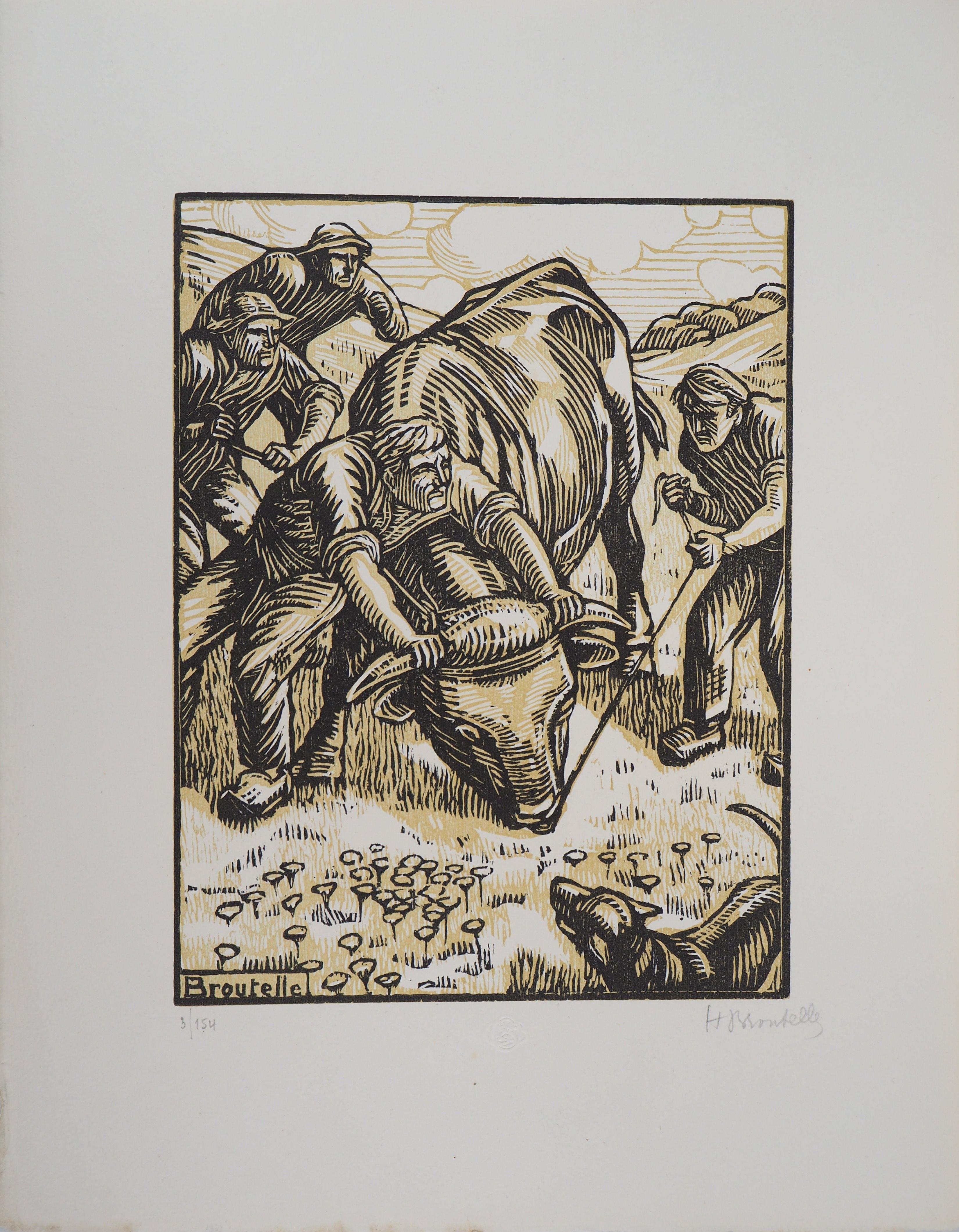 Der ungezähmte Stier – Original-Holzschnitt, handsigniert (Art déco), Print, von Honoré Broutelle