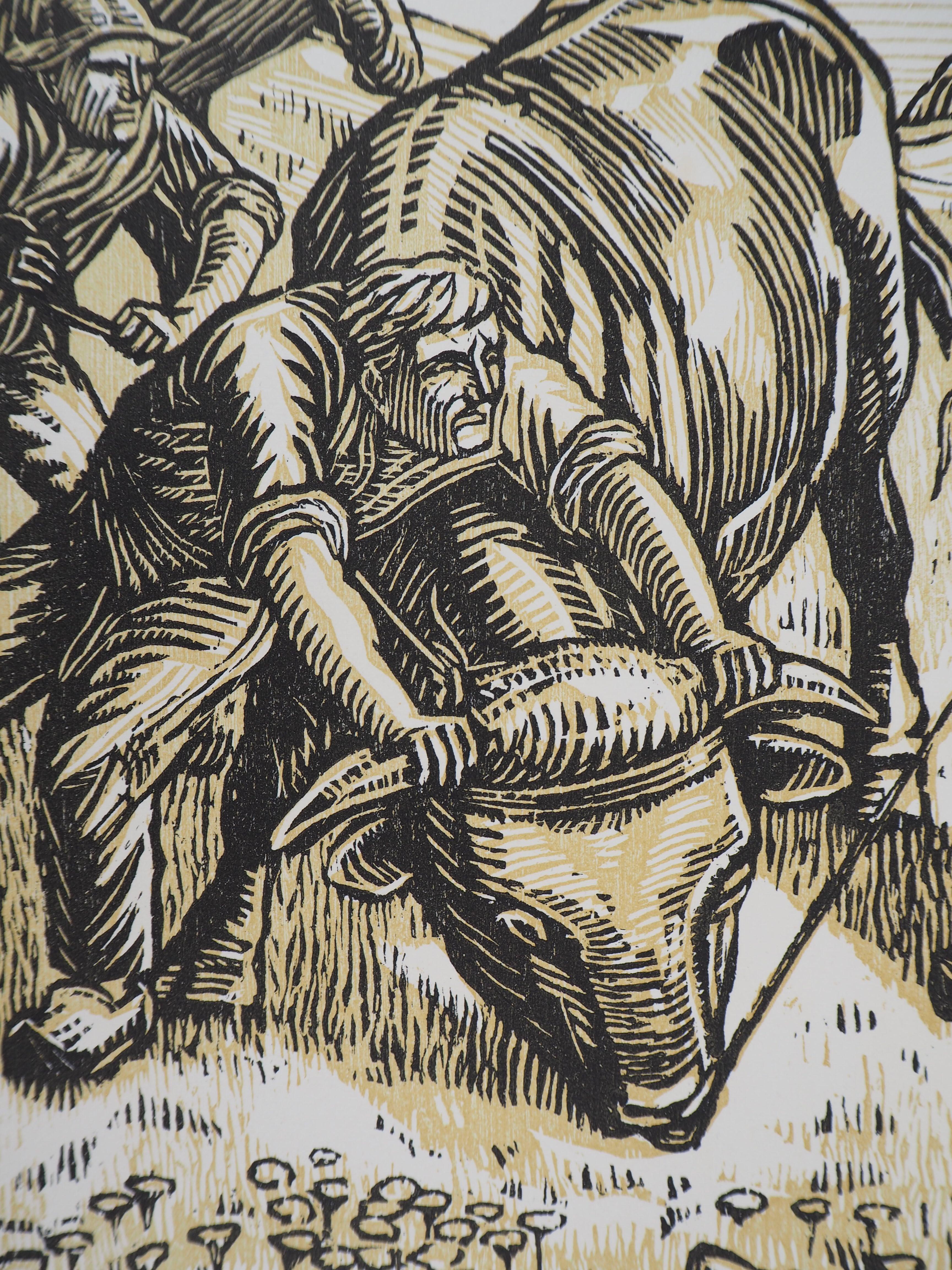 Der ungezähmte Stier – Original-Holzschnitt, handsigniert (Beige), Animal Print, von Honoré Broutelle