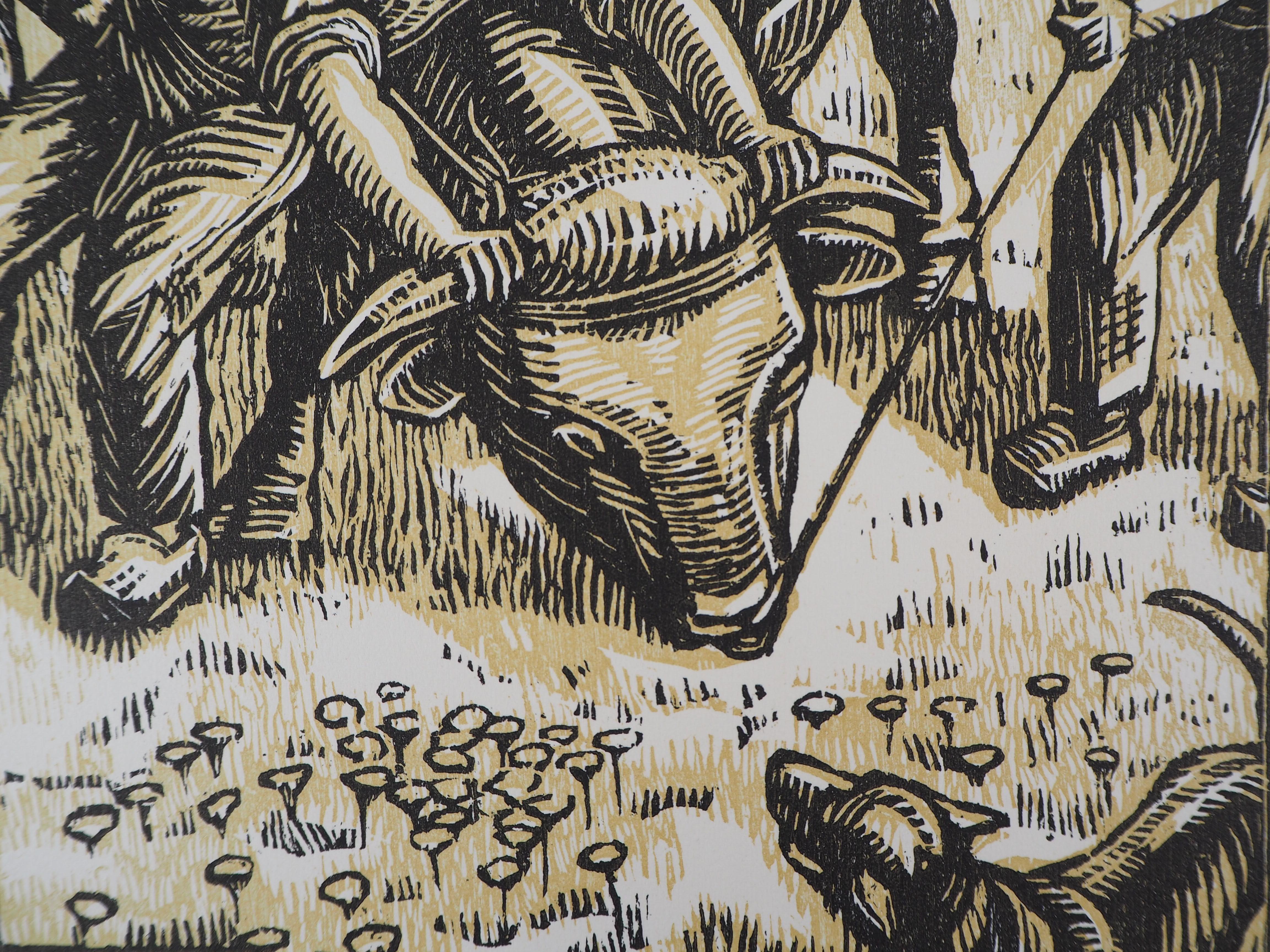 Honoré Broutelle
Der ungezähmte Stier, 1922

Original Holzschnitt
Handsigniert mit Bleistift
Nummeriert /154
Auf Vellum 32,5 x 25,5 cm (ca. 13 x 10 Zoll)
Trägt den Blindstempel des Herausgebers 'Imagier de la Gravure sur Bois' (Lugt
