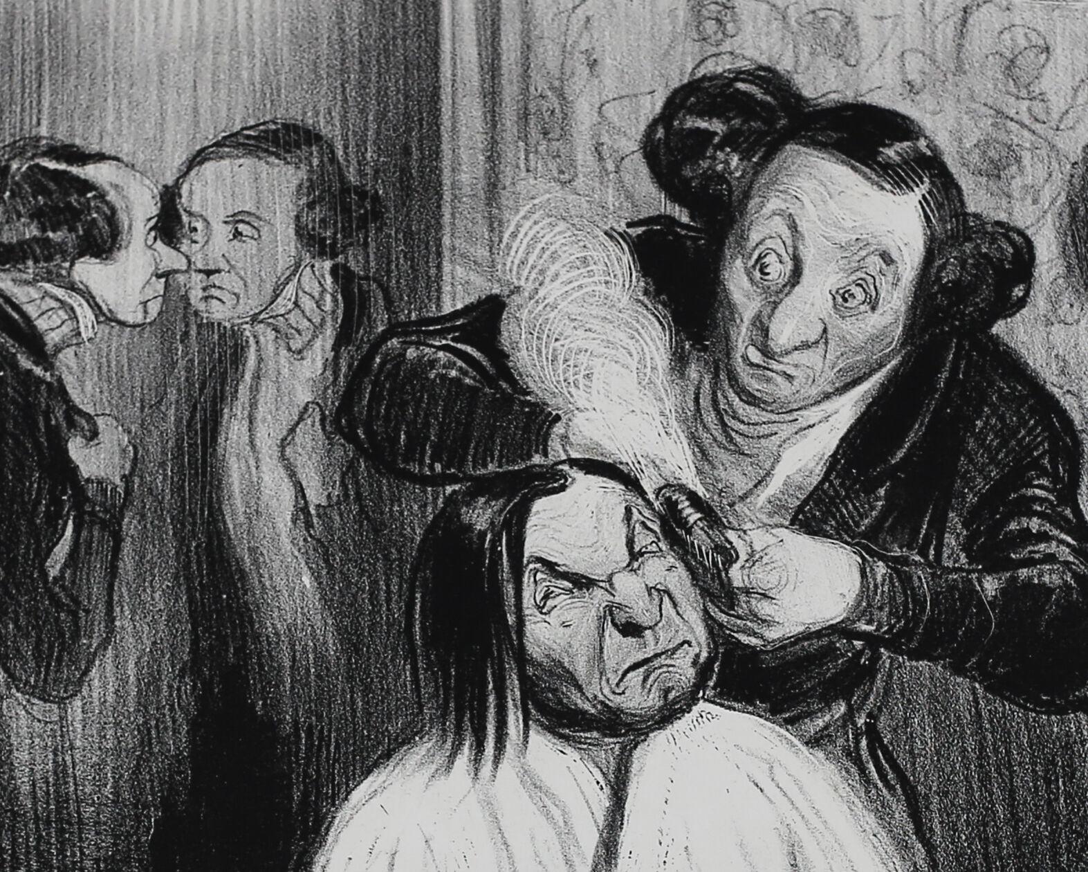 Honore Daumier Lithograph Initialed H.D. Un Coup de Feu

Initialed H.D. Series; Types Parisiens Le Charvari October 27, 1839. This piece depicts a man having his hair curled in a barbers shop by a barber who stands over his left shoulder; behind,