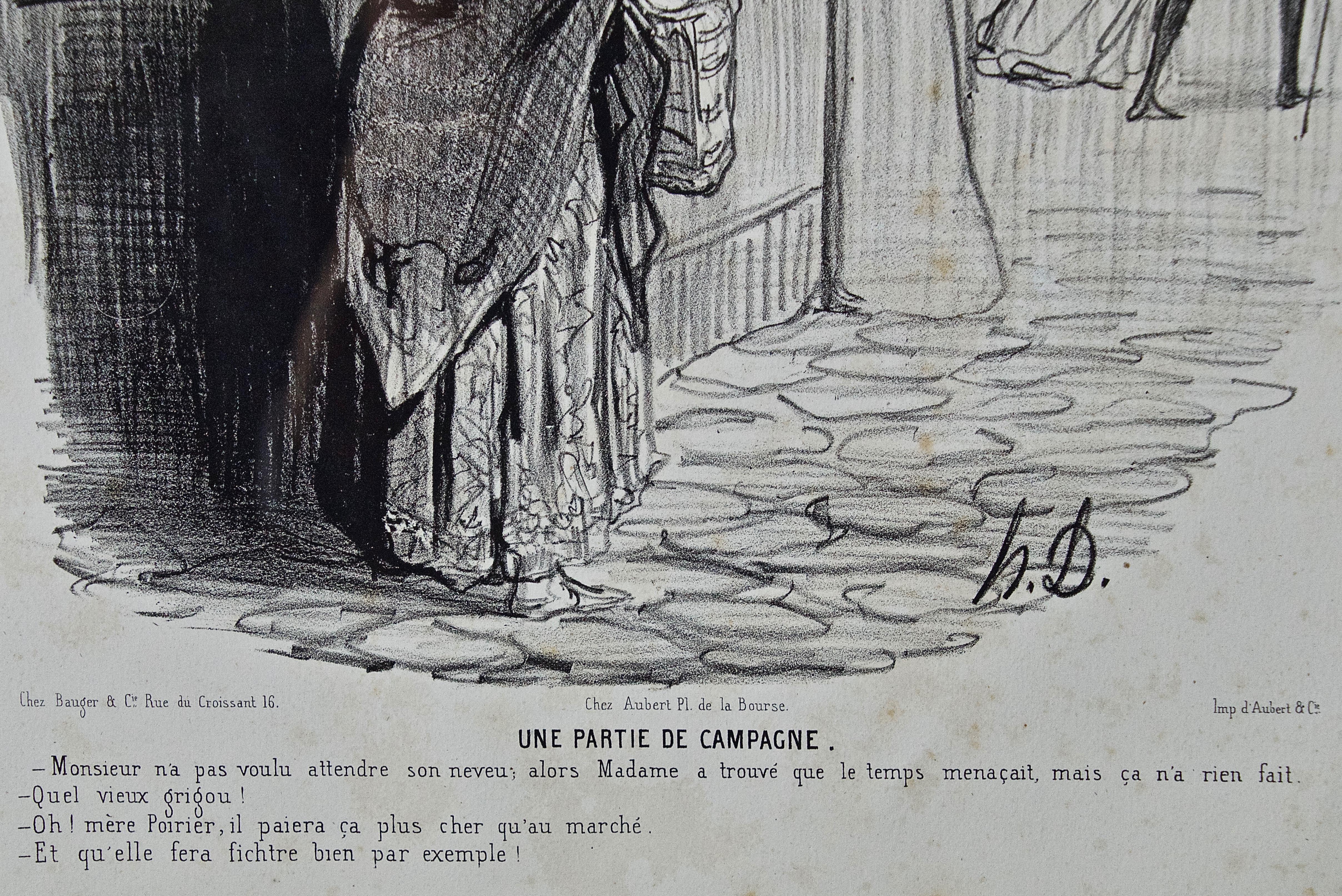 „Une Partie de Campagne“: Honore Daumier-Karikatur aus dem 19. Jahrhundert (Grau), Landscape Print, von Honoré Daumier