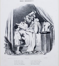 Antique 19th century lithograph caricature black and white satirical figurative print