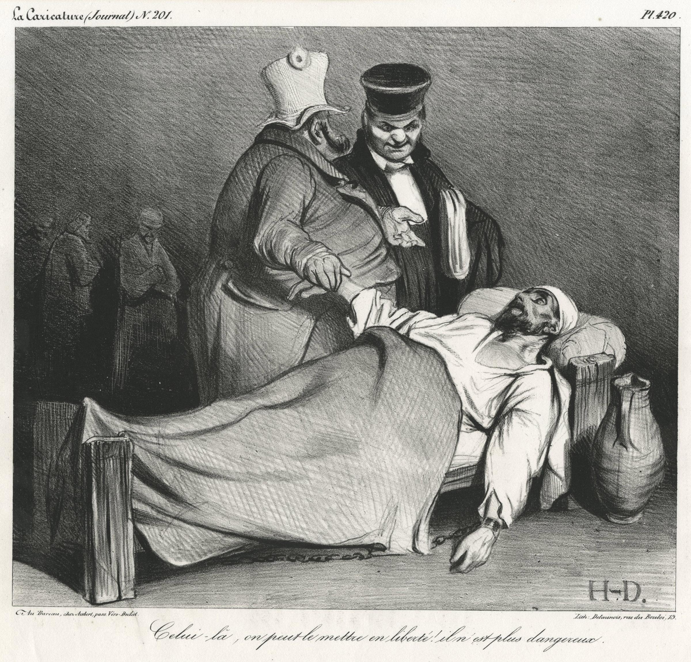 Honoré Daumier Figurative Print - Celui-là, on peut le mettre en liberté! il n'est plus dangereux. 