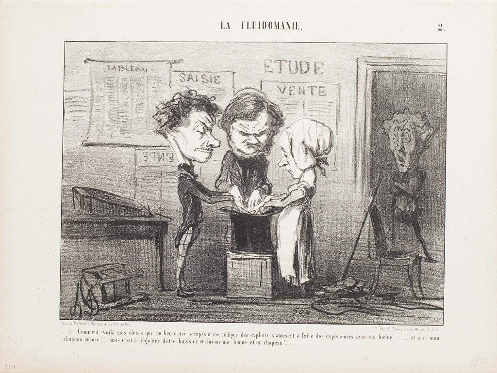 Comment, voilà mes clercs is a original b/w lithograph (plate n. 2), from "La Fluidomanie", a satiric series composed of 12 plates of caricatures “de mœurs” (of behaviours), realized by Honoré Daumier (France, 1808-1879) and published on the French