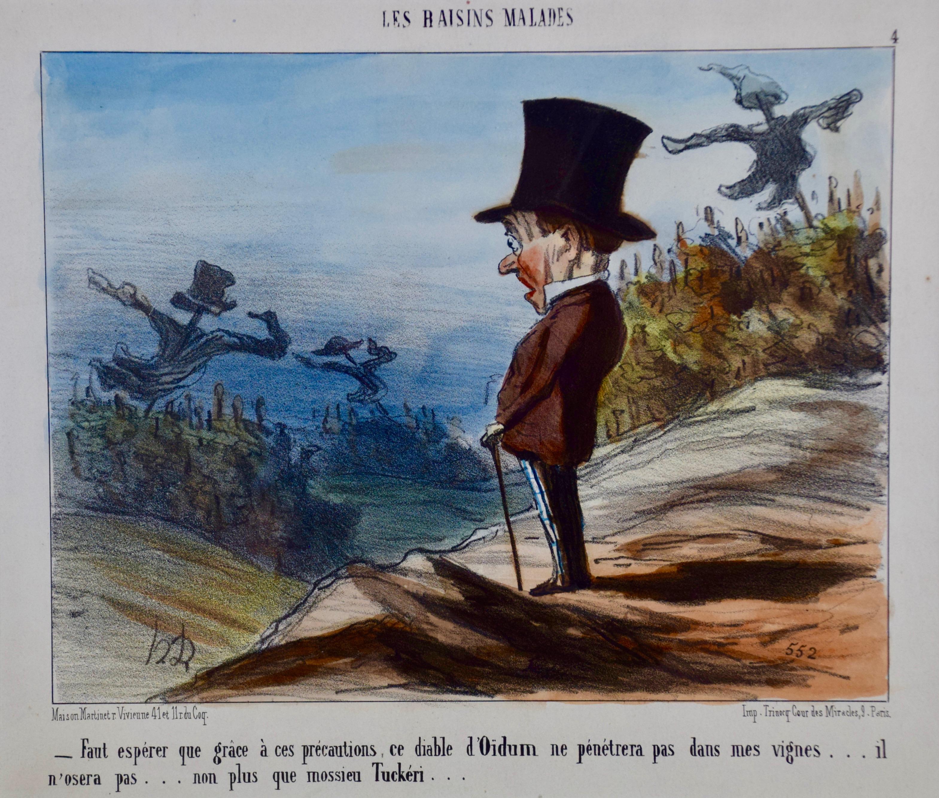 Daumier Colored Lithographic Satire of a Man Concerned for His Vineyard and Wine - Print by Honoré Daumier