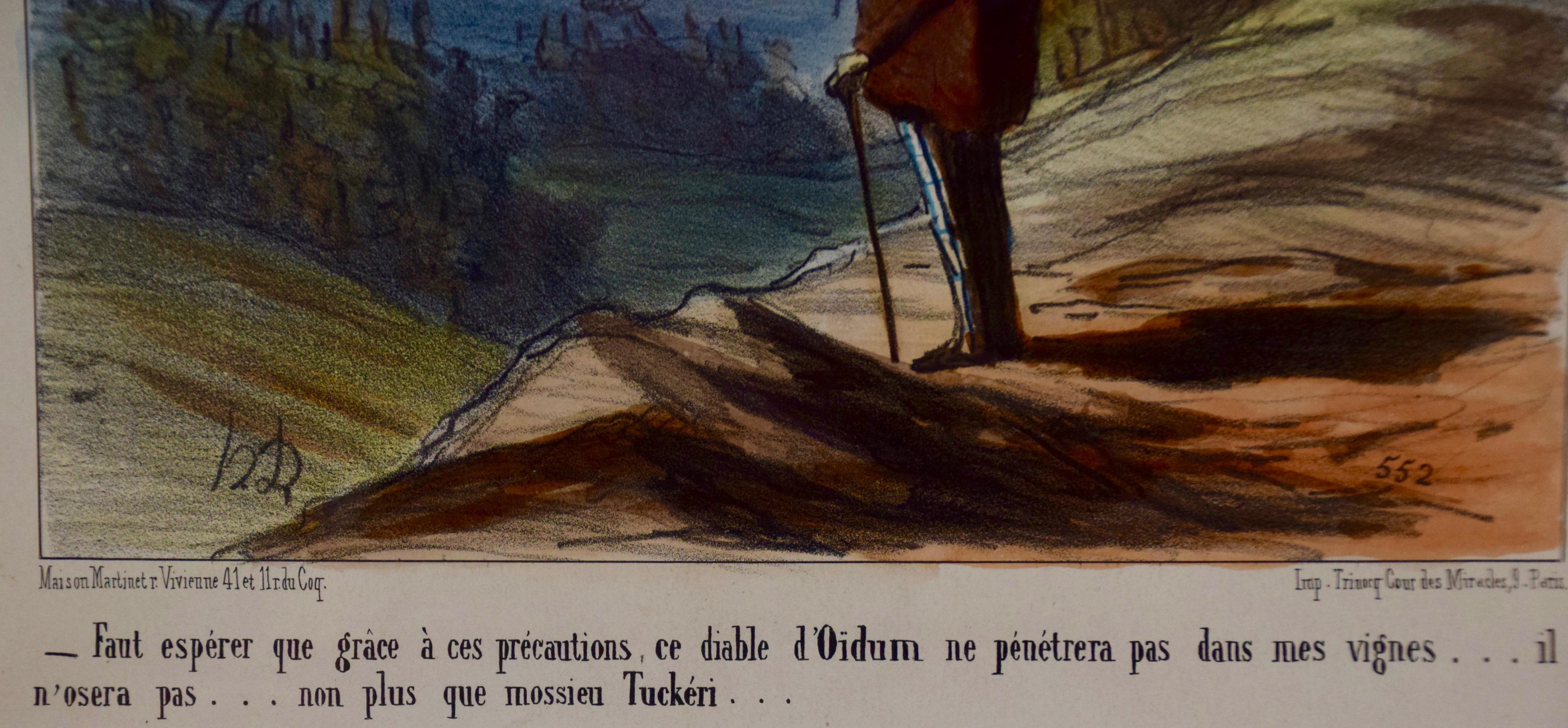 Bunte lithografische Satire eines Mannes, der für sein Wein und seinen Wein bestimmt ist, von Daumier (Grau), Landscape Print, von Honoré Daumier