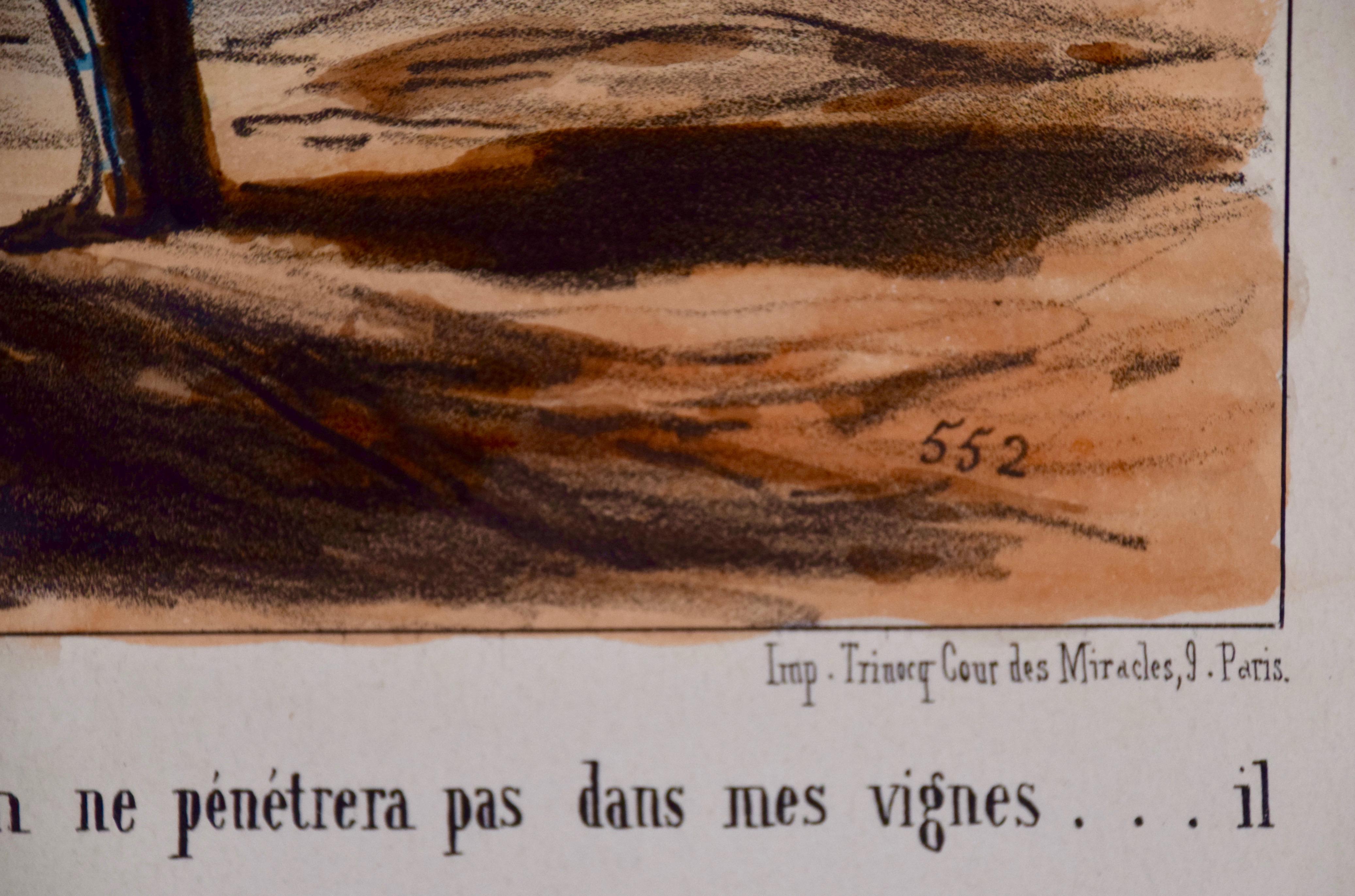 Sátira litográfica coloreada de Daumier de un hombre preocupado por su viña y su vino en venta 1